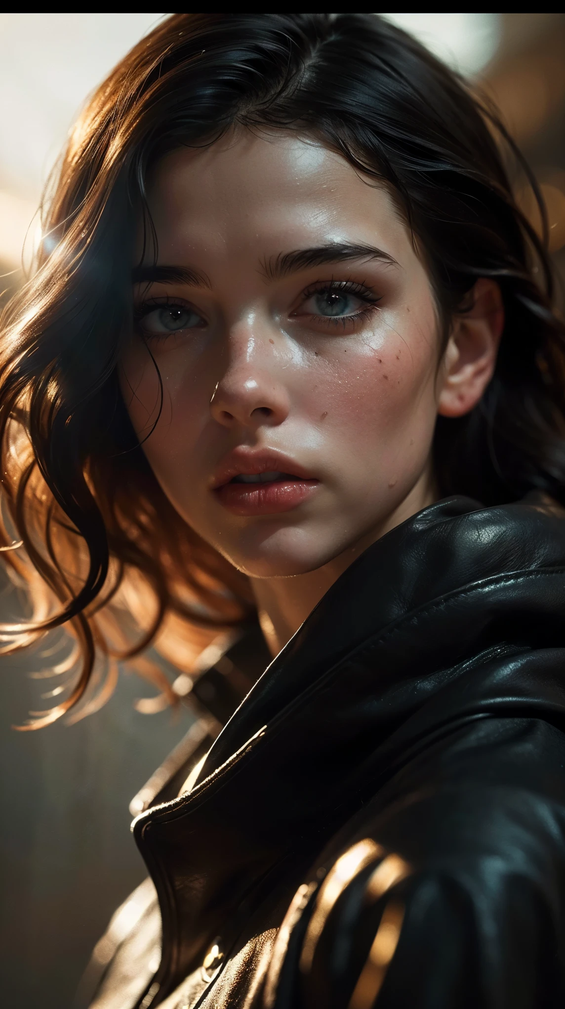 (((ultra realistic))) Photo, masterpiece, top quality, (pale skin), (Ultra detailed face and eyes:1.3), 1girl in a raincoat, rectangular face shape, (Eye makeup, mascara) , ((large detailed lips)), ((Dark wavy hair)), ((Chyolka)) , (Natural breasts). ((Posing)), photoshoot, studio (Contour lighting), (The play of light and shadows), depth of field, bokeh, (special attention to skin detail: 1.2), Detailed leather texture, skin pores. (Dark and gloomy atmosphere of the frame. Color scheme - warm tones), ((Film grain, VHS effect)), ((rays)) , ((flare)), ((waist up portrait)) , ultra detialed,