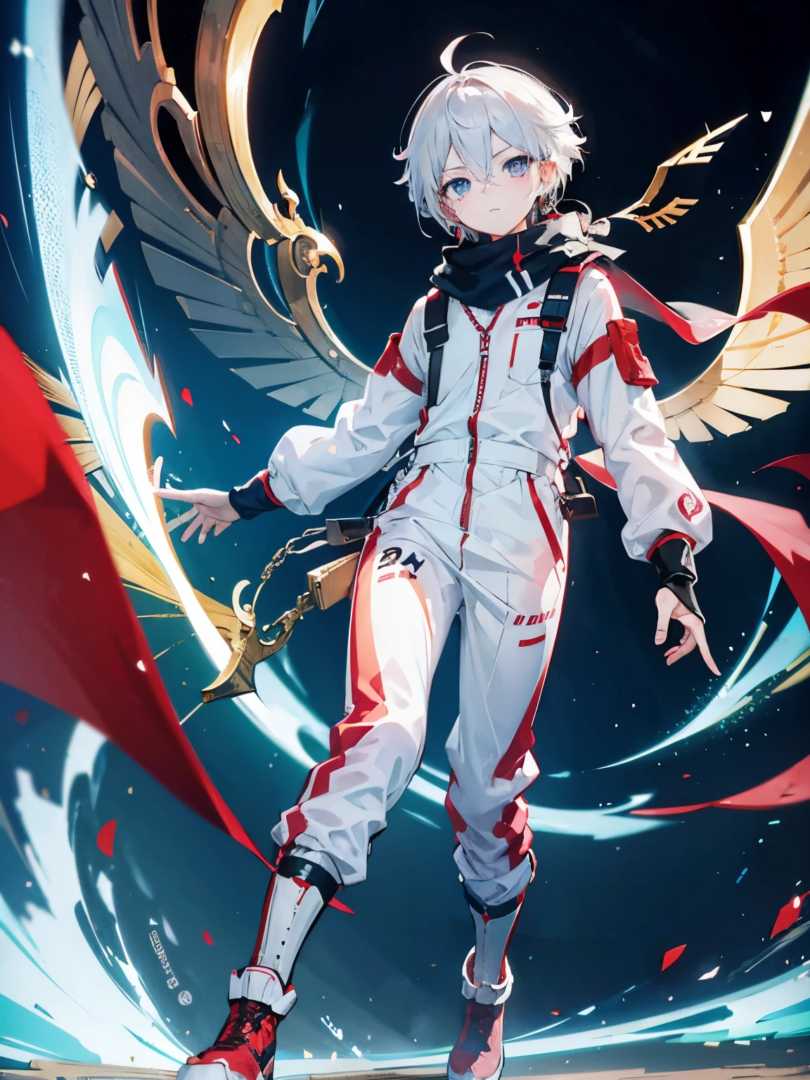Anime characters,Game CG,8K quality,((young boy)),Youthful feeling,Anime male protagonist,silver hair red dye,short,straight hair,Squint viewing angle,wing,goggles,((White and gold jumpsuits)),Technical fingerless gloves,(Racing boots),flight,whole body image,Tech city,scarf,Fingers are normal,angelic,Exquisite facial features,exquisite eyes