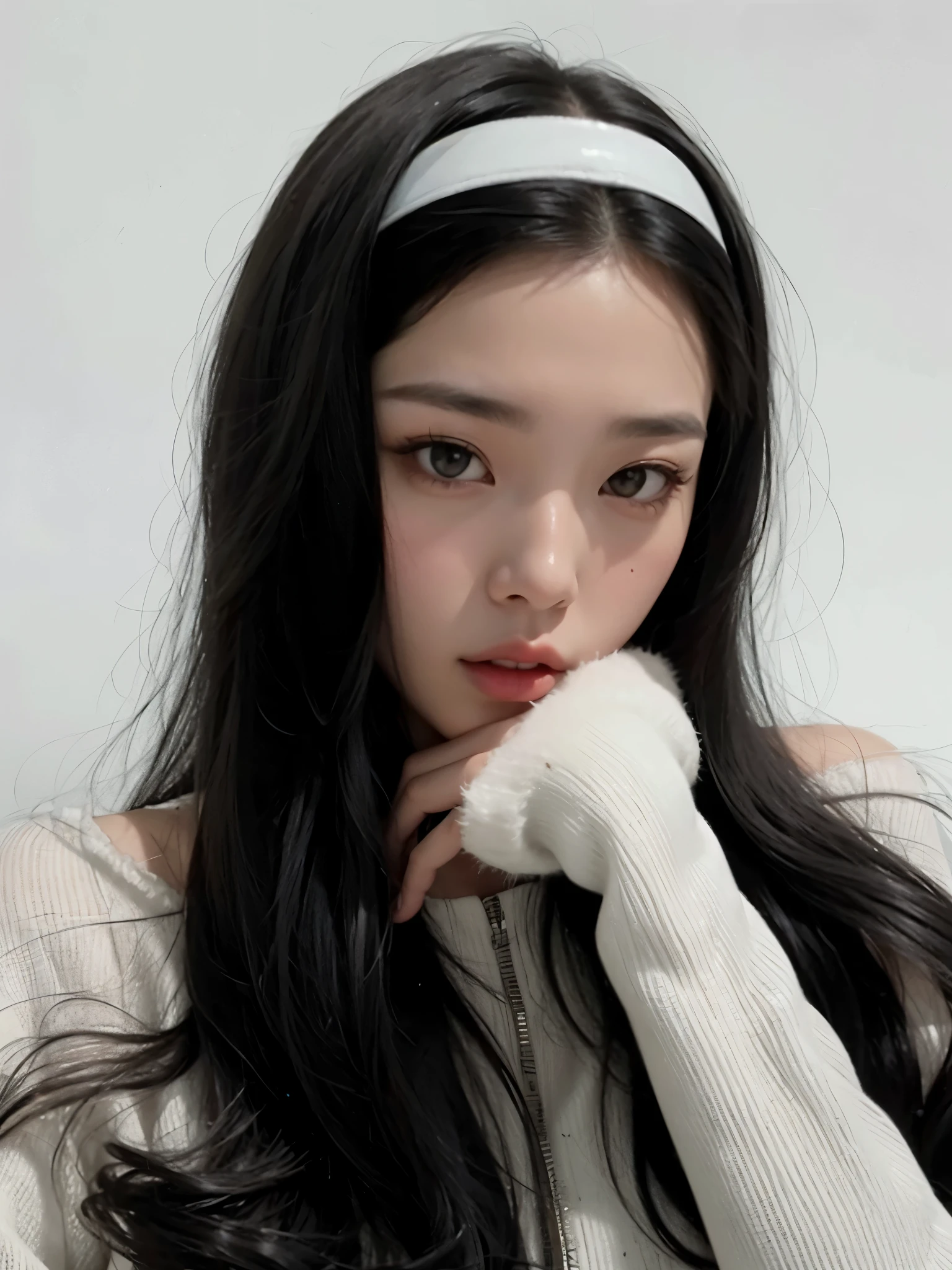 a woman with long black hair wearing a white sweater and a white headband, ulzzang, muchacha coreana, joven y adorable rostro coreano, gorgeous young mujer coreana, beautiful young mujer coreana, jennie rosa negro, beautiful south mujer coreana, pale korean adorable face, peinado de corte hime blanco, mujer coreana, hermoso rostro estetico, jaeyeon nam, lee ji - eun, lee ji-eun