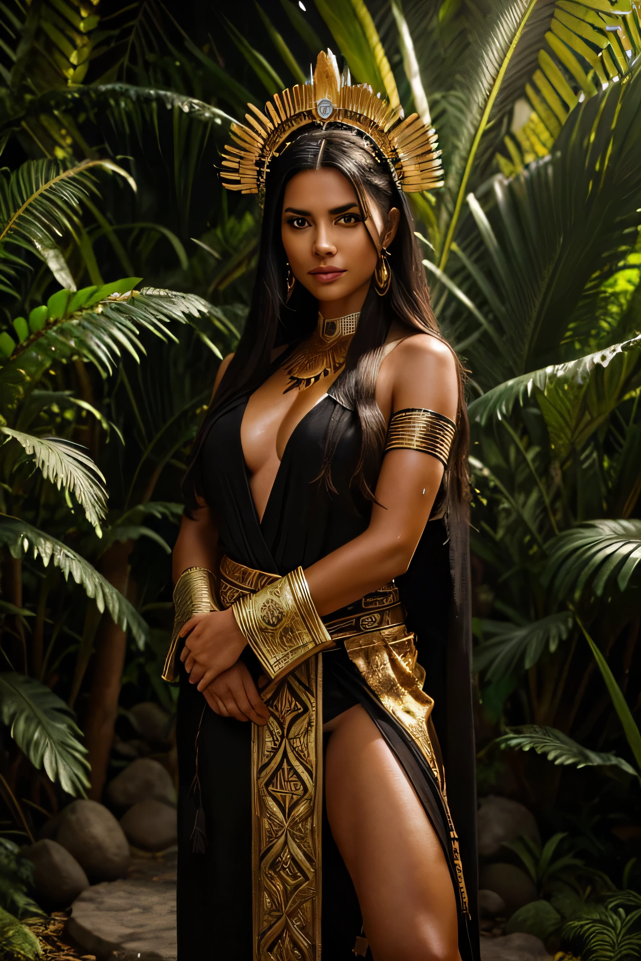 Extremely realistic photography, very beautiful face, nice hazel eyes, tanned skin, black hair, a priestess standing in front of a stone throne located in the jungle, she wears tribal ceremonial costume with a tribal robe golden accents and realistic feathers, cinematic lights, dramatic, retro-futuristic, art by MSchiffer, ultra sharp focus, best quality, best resolution