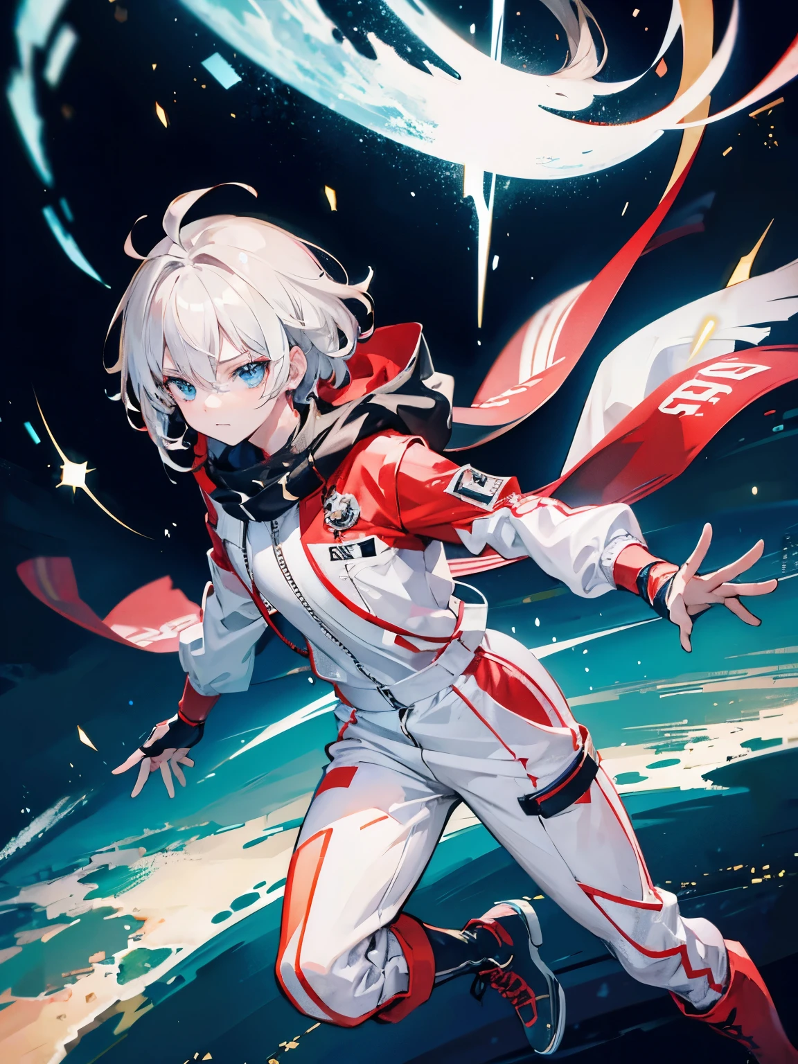 Anime characters,Game CG,8K quality,((young boy)),Youthful feeling,Anime male protagonist,silver hair red dye,short,straight hair,Squint viewing angle,wing,goggles,((White and gold jumpsuits)),Technical fingerless gloves,(Racing boots),flight,whole body image,Tech city,scarf,Fingers are normal,angelic,Exquisite facial features,exquisite eyes