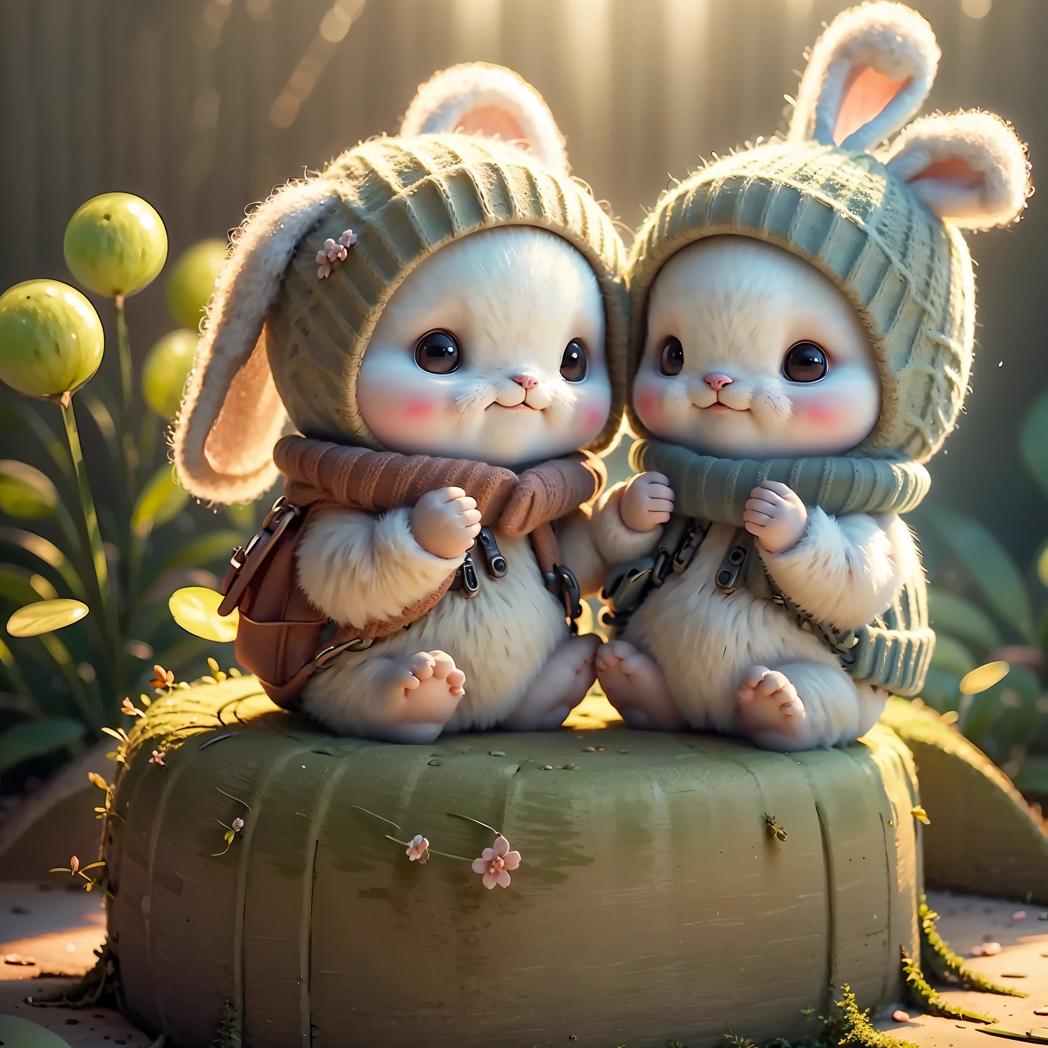 holding camera, tree_stump, flowers, adorable , fluffy, photorealistic, soft lighting, 