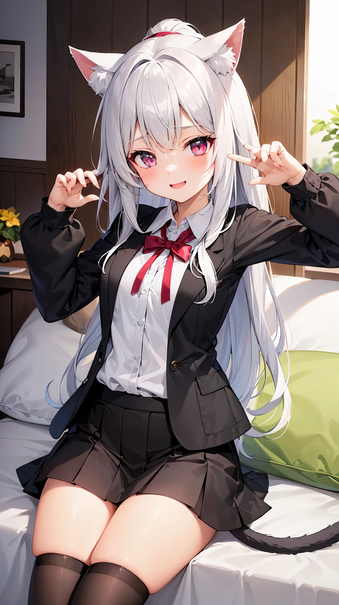 8  girl, cat tail, cat ears, white hair, long hair, ponytail, pink eyes, cute, smile, blush, hands up, paws, neko pose