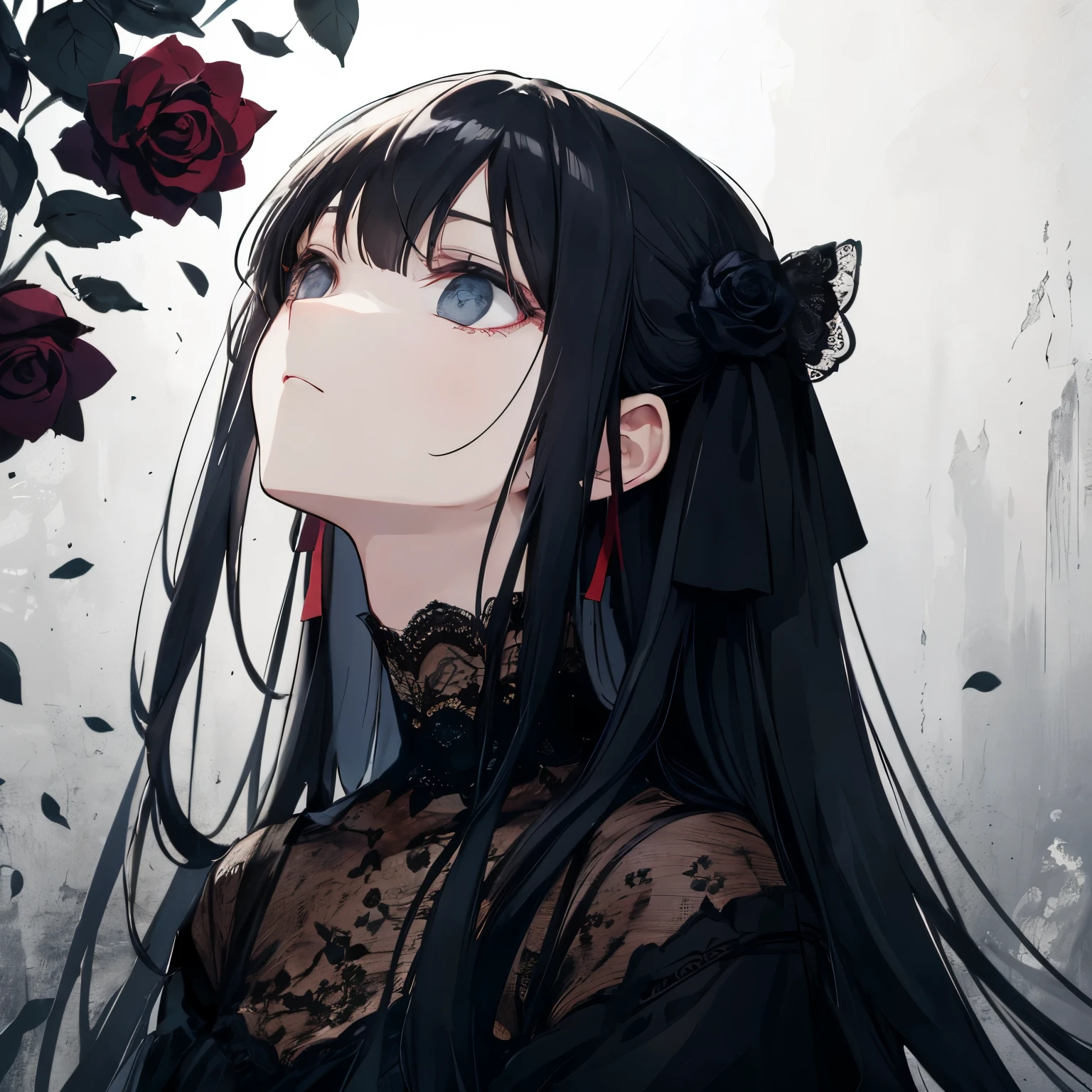 black hair、long hair、black lace hair ribbon、Black Rose、black eye、long bangs、Withered rose、Black lace clothes、Stylish atmosphere、dark、Expressionless、look up、quiet