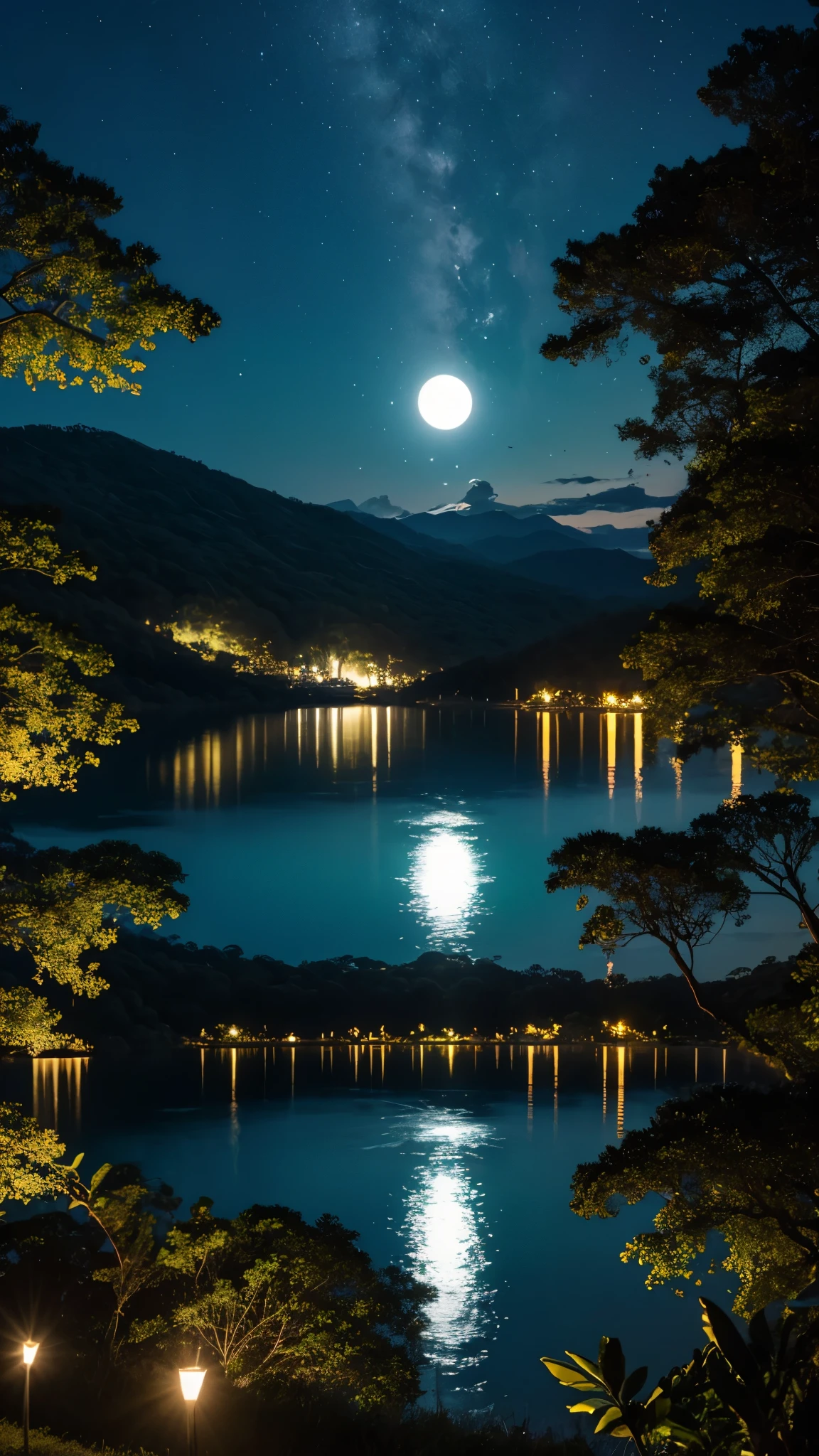 noite de lua cheia, montanhas, lago, floresta. luz do luar,