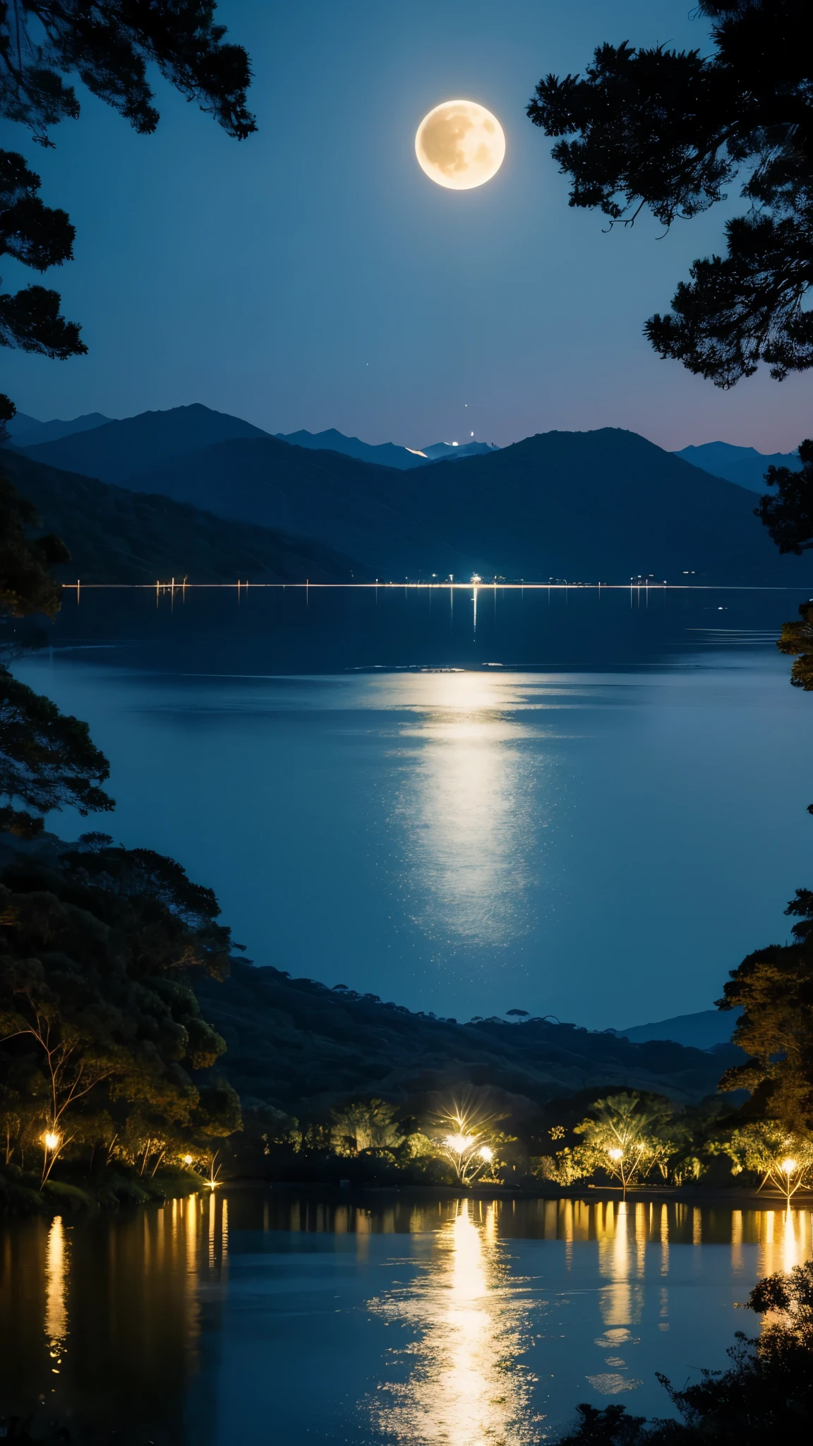 noite de lua cheia, montanhas, lago, floresta. luz do luar,