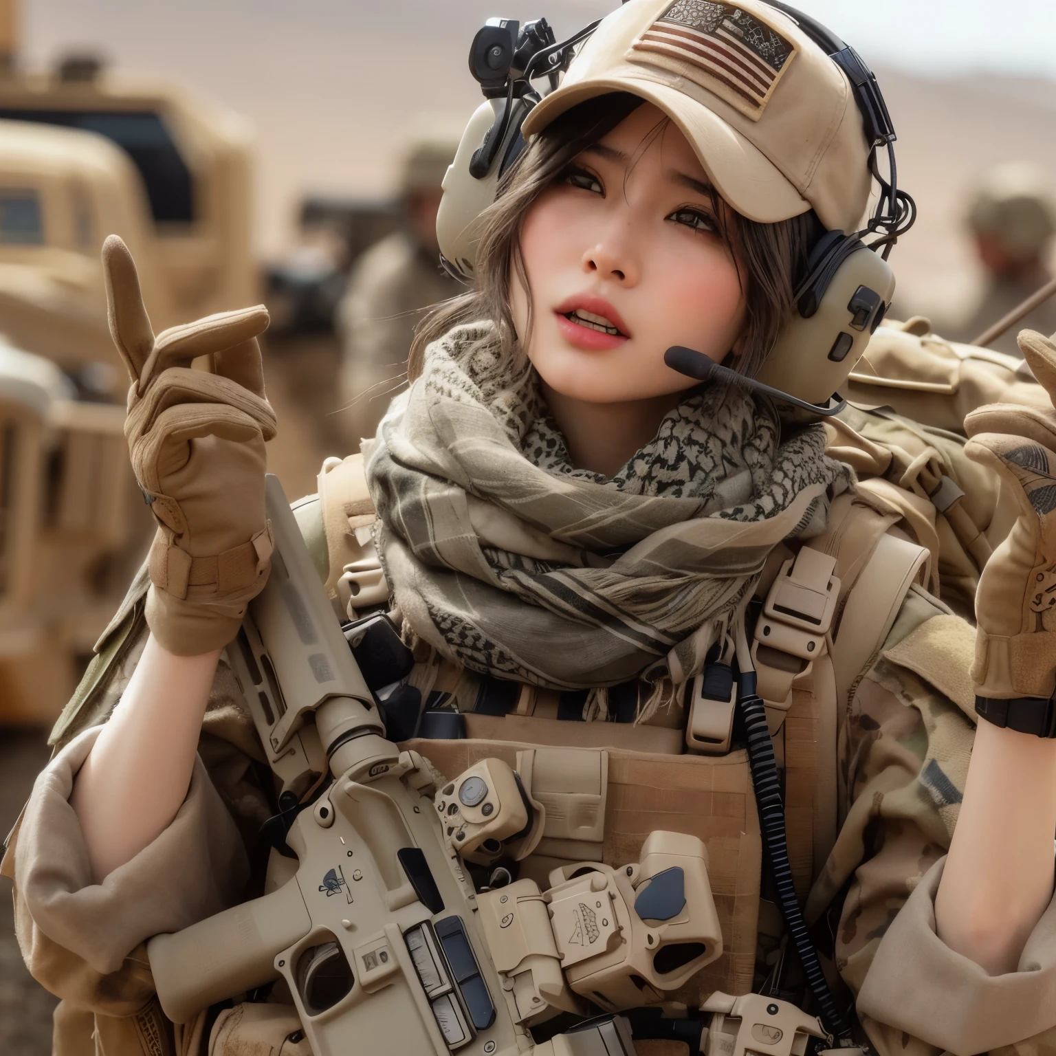 photorealistic、Realistic skin textures、A beautiful Japanese woman belonging to the U.S. military is talking with gestures at a base camp set up in a wasteland.、tent、military vehicle、automatic rifle propped up、bulletproof vest、afghan scarf、baseball cap、Backpack、Heavy equipment、tattoo、boots、scratch、Action poses with movement、
