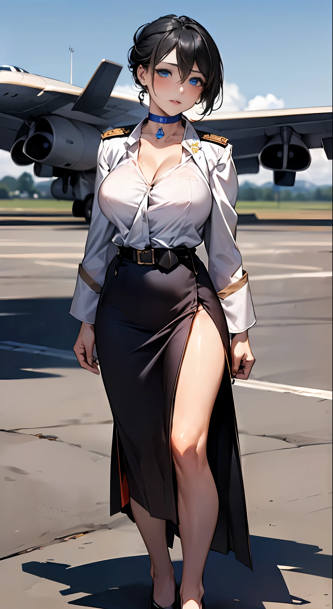 (8k, HD, best quality, highres:1.0), (extremely detailed:1.1), (1950s ultra hyperrealistic photo:1.2), cinematic color photo of a beautiful young woman, smiling, wearing a 1950s air force uniform 1950. The photo was taken with an analogue camera in the 1950s. (wearing traditional air force uniforms in the style of the 50s, plain dress with open neckline buttons: 1.2), (thin body and slender slim body), with cuts of traditional 50s hair, Photo by William Eggleston, 50s look, on an airport runway during the war, old planes, highly detailed, slightly faded pastel color, slightly blurred, slightly grainy, film photography, nsfw, (in standing next to the old plane in a sexy way: 1.2), (hard and prominent breast nipples), thick thighs, visible muscles, pin-up style, fishnet stockings, high heels, heavy breasts, hard nipples, puffy nipples, miniskirt