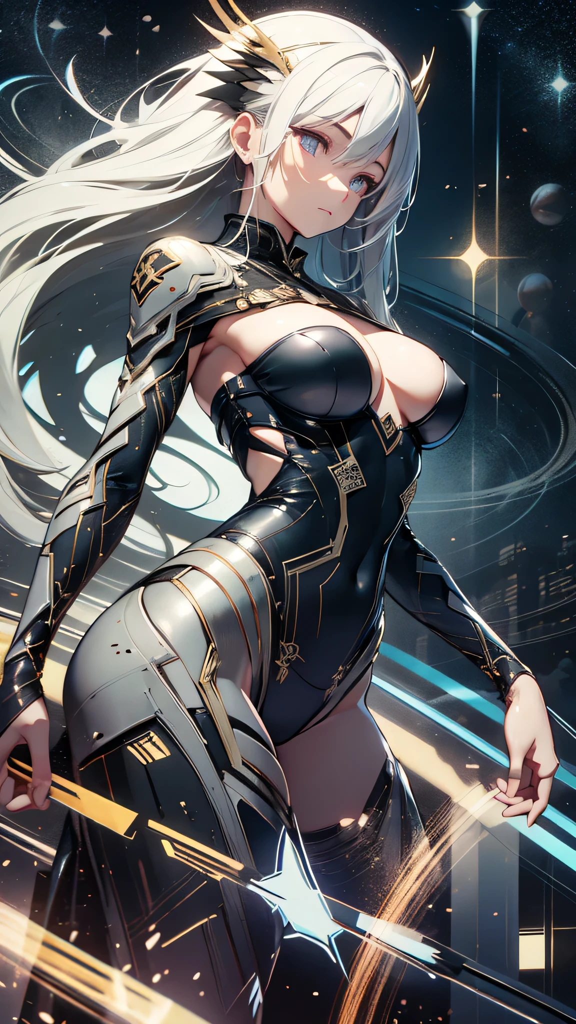 最high quality、best image quality、masterpiece、age girl((18-year-old、 By becoming、vest bust、medium bust,wide open breast tea、black eye, gray hAria、long hAria、thin,highest valley、Black Battlesuit、white arm parts、white leg parts、Holding a big sword、Glowing red wings,Aria、splatters、fighting pose)),high quality、beautiful art、background((outer space、battlefield、splattersing beams、military base))瓦礫がsplatters、Depth of written boundary、movie、visual art、perfect art、8K,genuine