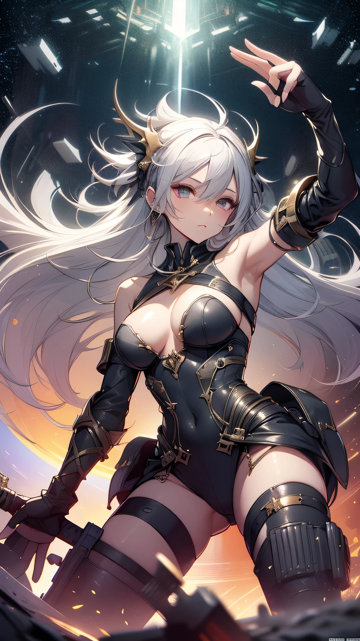 最high quality、best image quality、masterpiece、age girl((18-year-old、 By becoming、vest bust、medium bust,wide open breast tea、black eye, gray hAria、long hAria、thin,highest valley、Black Battlesuit、white arm parts、white leg parts、Holding a big sword、Glowing red wings,Aria、splatters、fighting pose)),high quality、beautiful art、background((outer space、battlefield、splattersing beams、military base))瓦礫がsplatters、Depth of written boundary、movie、visual art、perfect art、8K,genuine