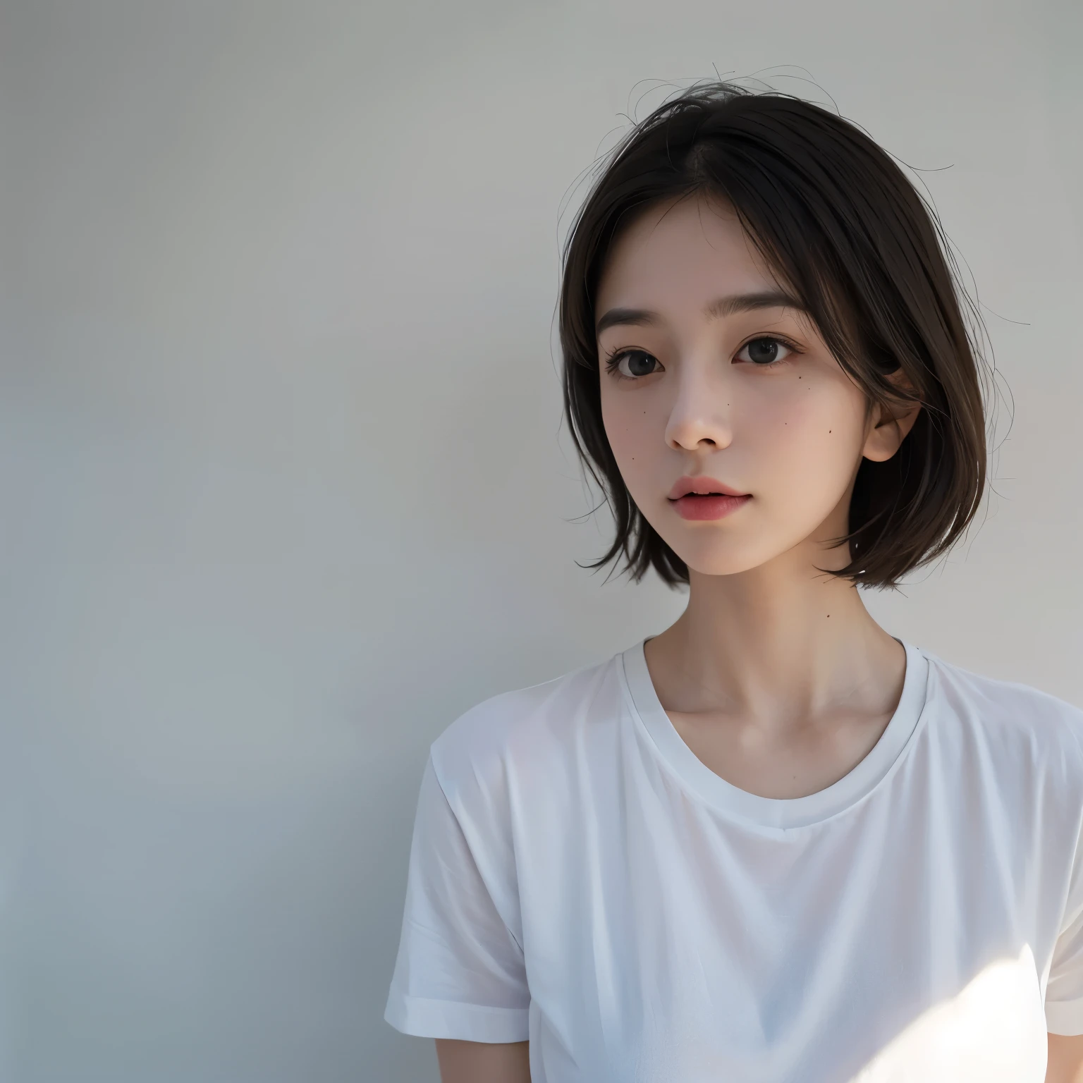 Highest quality、masterpiece、Ultra-high resolution、(Realism:1.4)、1 girl、In a pale background、Deep Shadow、Low Key、Shortcuts、Upper Body、??? appeal、Wearing a shirt