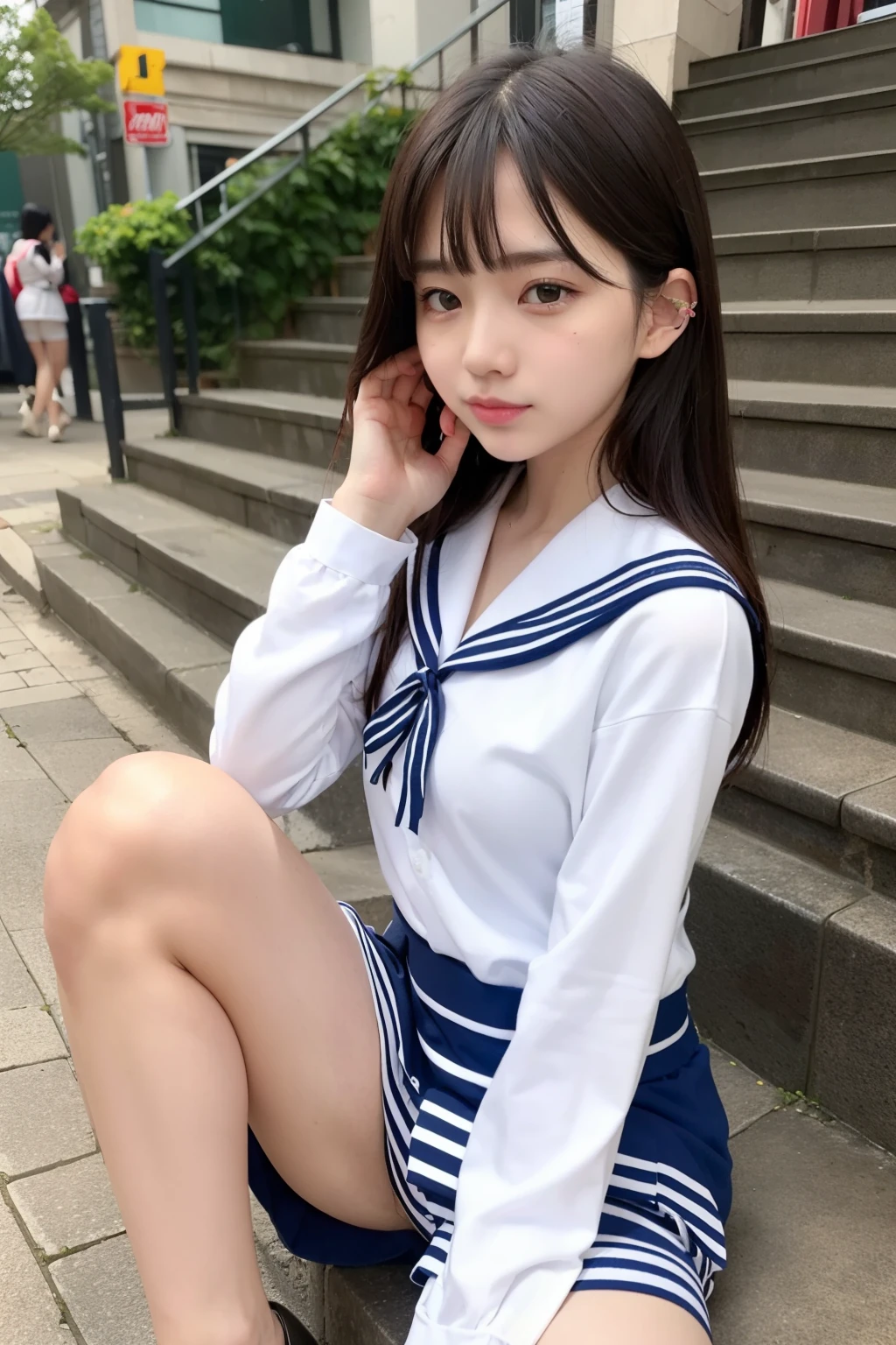 1 girl、((sailor suit))、uniform、bustling street、sit on the stairs、spread legs、Wedgie、(Spread your legs apart)、( small breasts)、(small breasts)、 (best quality: 1.1)、(highly detailed skin), (ultra high resolution:1.0) ,(realistic photo:1.0), (Super detailed:1.0), (8K, Raw photo:1.1)