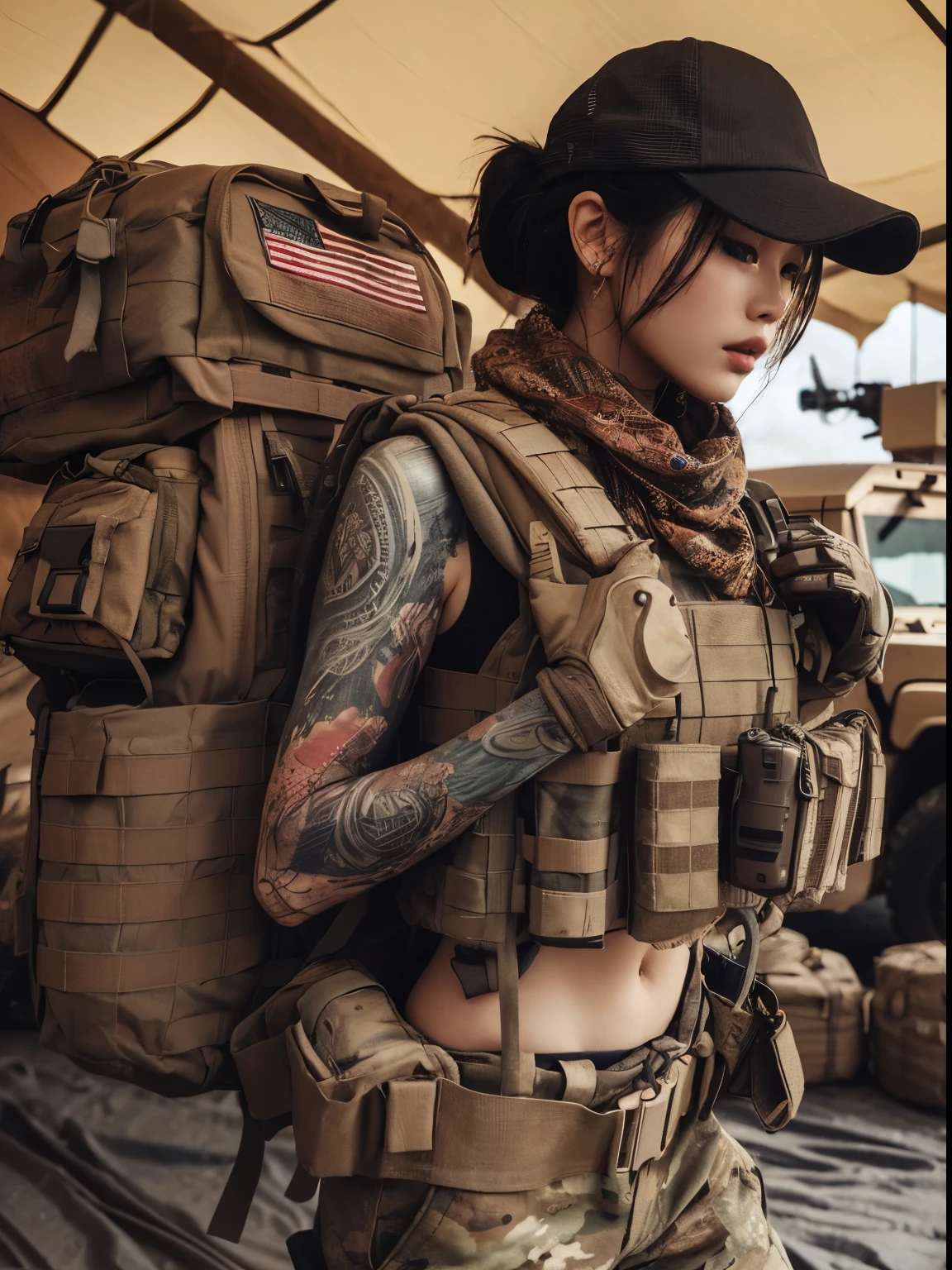 photorealistic、Realistic skin textures、A beautiful Japanese woman belonging to the American military is preparing to deploy at a base camp set up in a wasteland.、Checking equipment、tent、military vehicle、bulletproof vest、afghan scarf、automatic rifle、baseball cap、Heavy equipment、tattoo、boots、、Action poses with movement、