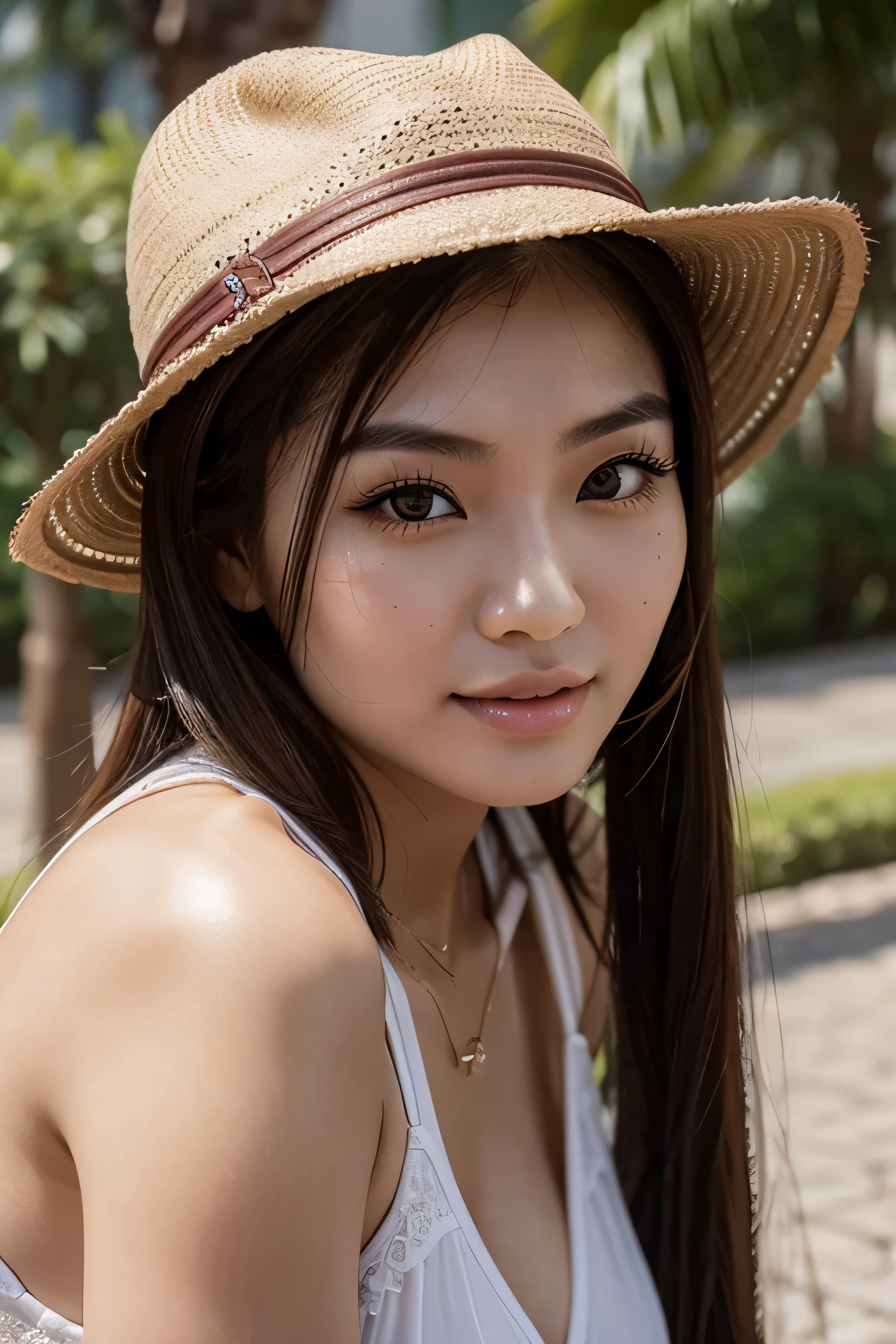 Young Asian woman, 25 years old,Wear a tight-fitting tank top in pink and many other colors.,) Long hair blows up in the wind., Looking straight at the camera,With seductive eyes and postures, perfect body,)) Strong and healthy abdomen, In the countryside there are old thatched huts.,In the countryside, there are yellow and red flowers around an old thatched hut in nature., The evening sunlight twinkled beautifully., 8K photos, Shot with a bright, high-quality Fuji camera. 45,000,000 pixels, Too realistic,