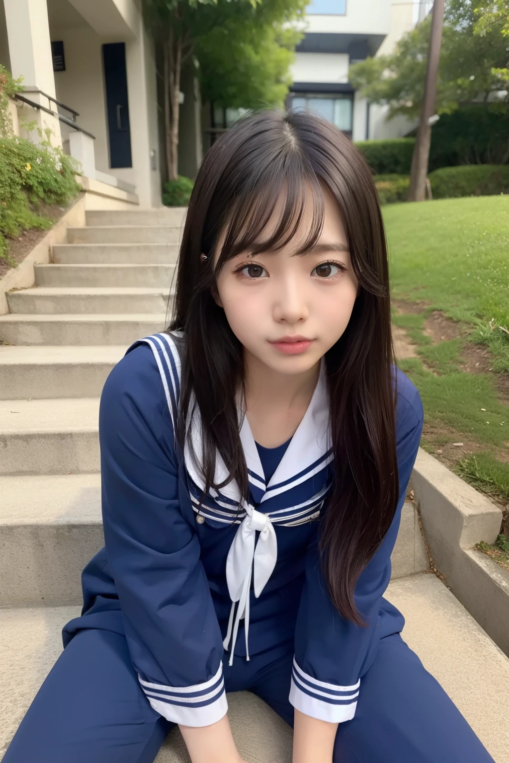 1 girl、((sailor suit))、asian uniform、bustling street、sit on the stairs、spread legs、Wedgie、(Spread your legs apart)、( small breasts)、(small breasts)、 (best quality: 1.1)、(highly detailed skin), (ultra high resolution:1.0) ,(realistic photo:1.0), (Super detailed:1.0), (8K, Raw photo:1.1)
