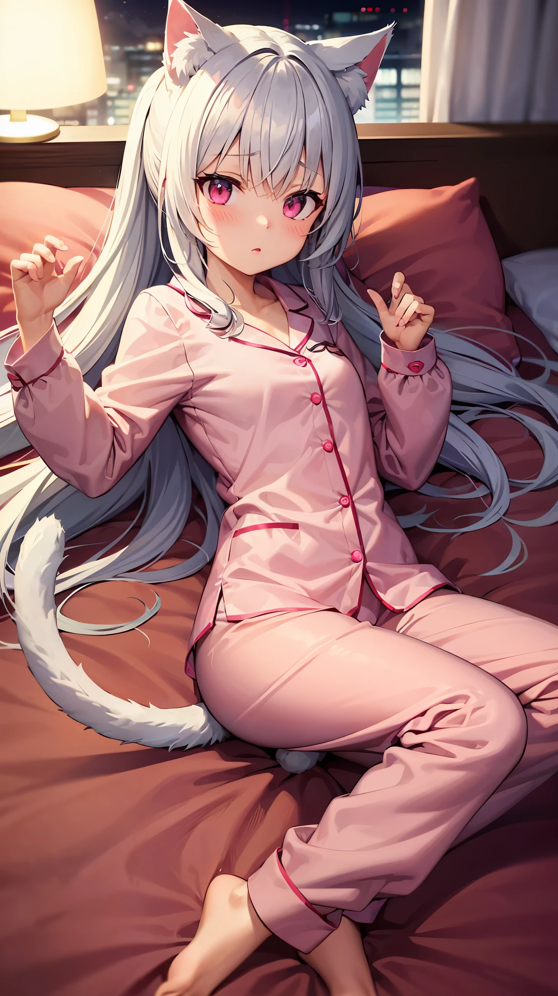 catgirl, cat tail, cat ears, white hair, long hair, ponytail, pink eyes, pajamas, bedroom, bed, night, lying on the bed, surprised, eyes widened, blush