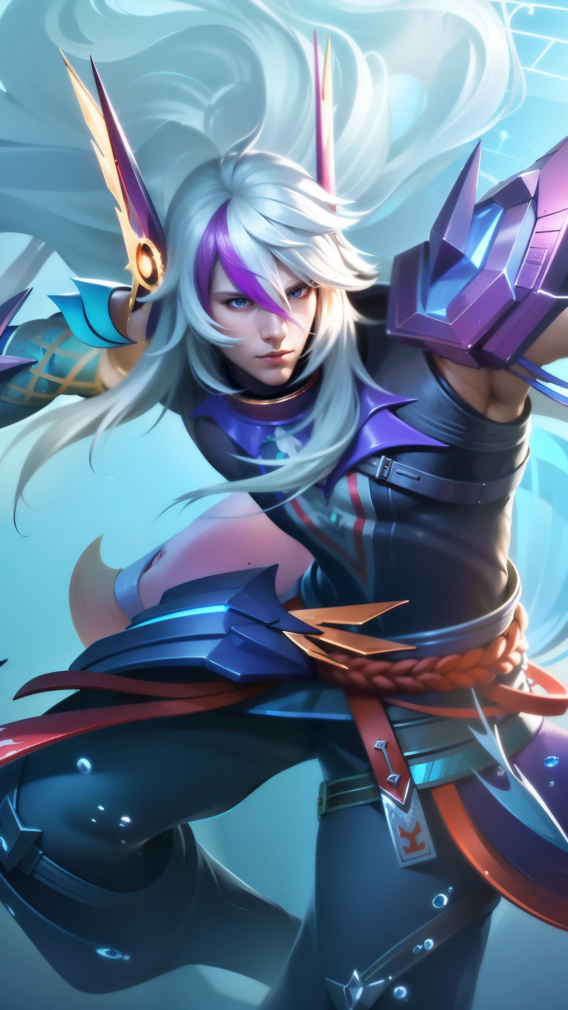 masculine male, masterpiece, ((perfect eyes)) best quality, (semirealism:1.9), beautiful lighting, (extremely detailed CG unity 4k fhd wallpaper), High Detail, Sharp focus, dramatic outdoors, 1 boy ,30 years old, white long hair, strong red eye glow (red eye:1.2).