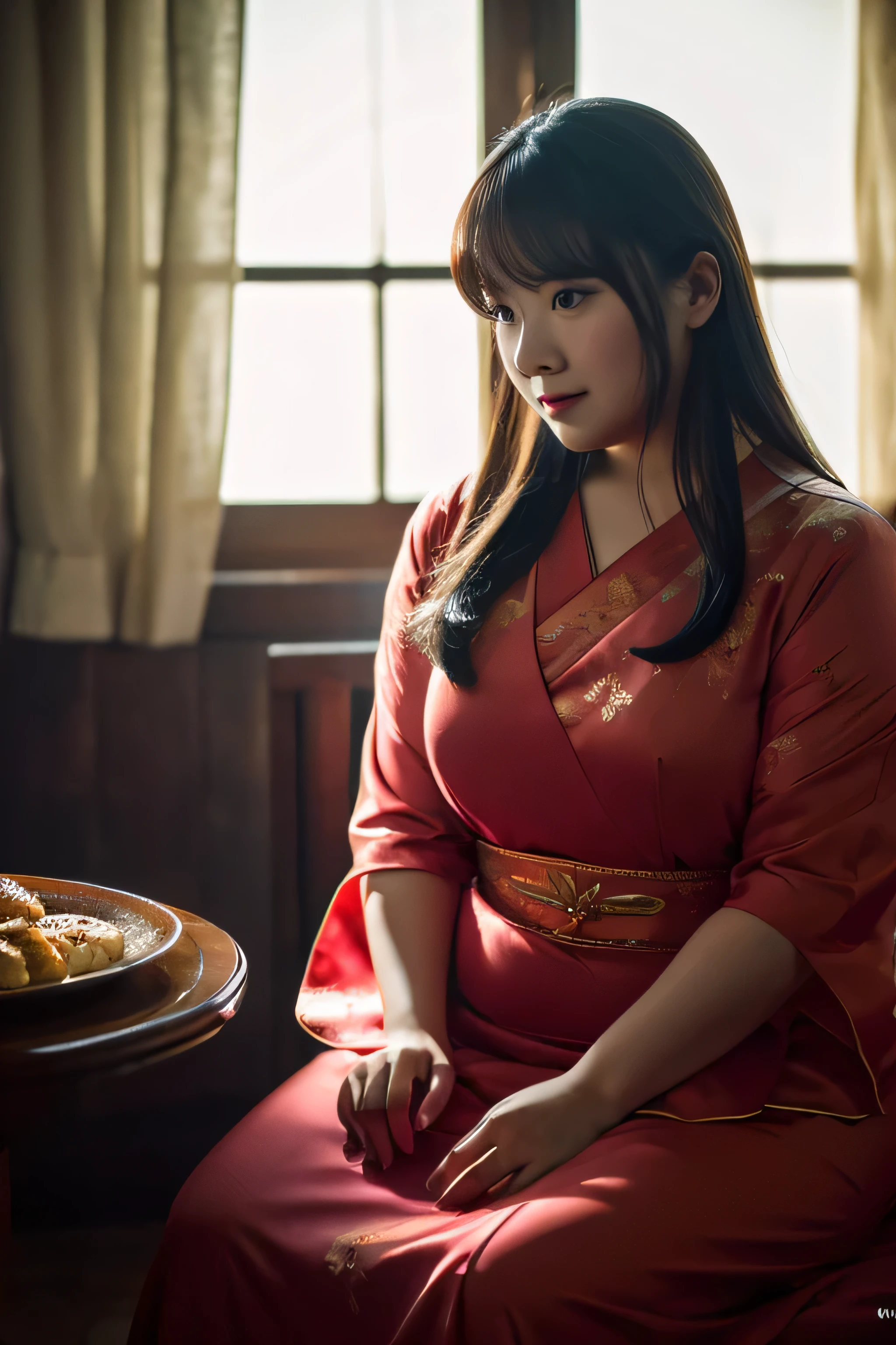 1 female, Overweight, China dress, extremely fat, Chubby, Japanese, 4K, High resolution, masterpiece, highest quality, fine skin, sharp focus, (cinematic lighting)