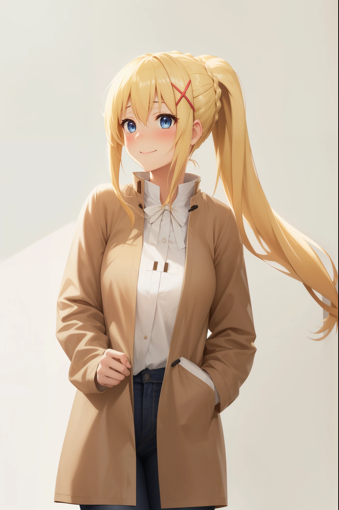 highest quality, High resolution, alone, 1 girl, long hair, blonde hair, x hair ornaments, blue eyes, ponytail, hair ornaments, Braid, \(KonoSuba\), big breasts, very close face, smile, blush, (white shirt:1.3), (Brown outerwear:1.3), Black jeans, hairpin, Station background