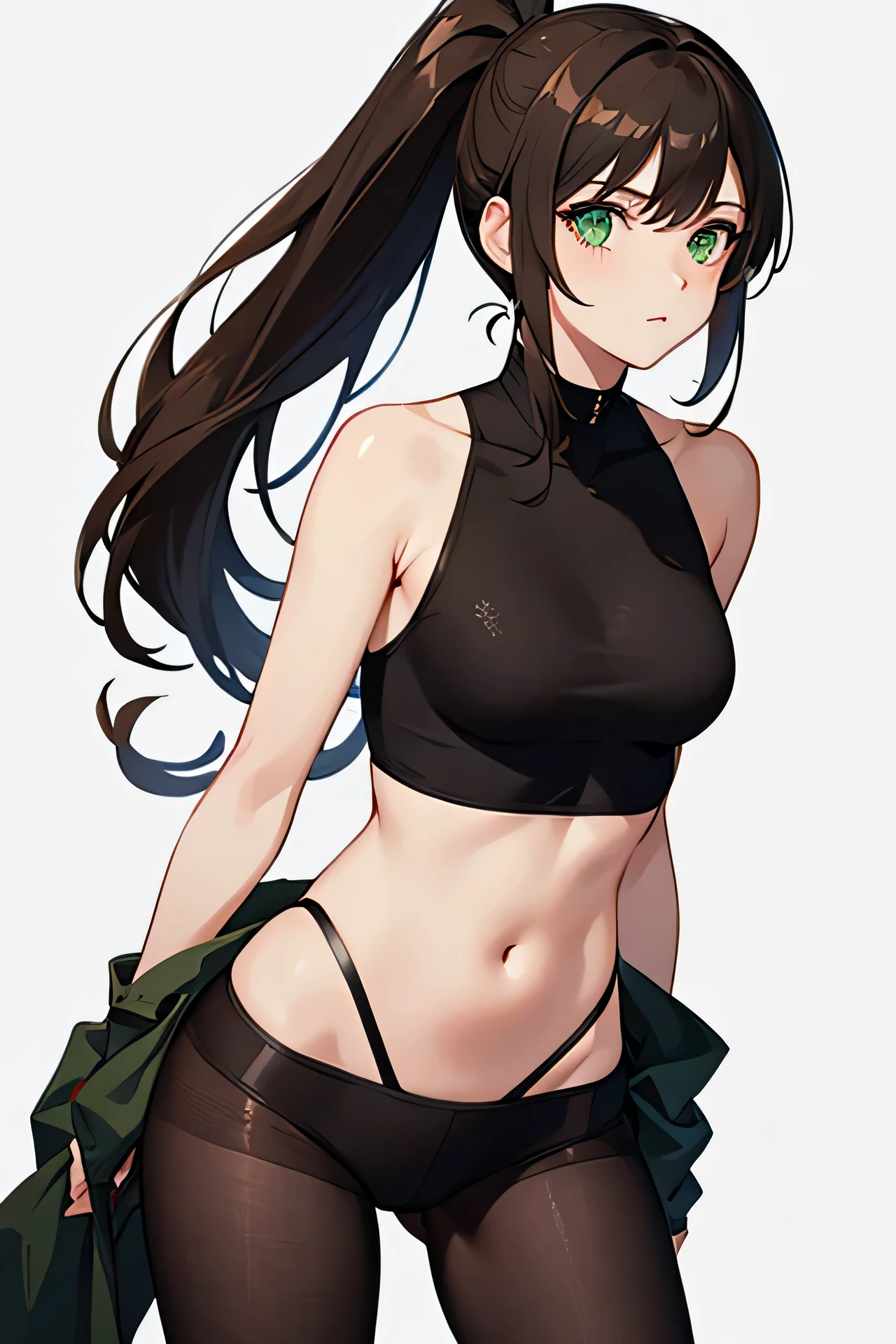 female with loose hair in black color, green eyes, bikini, short white t-shirt