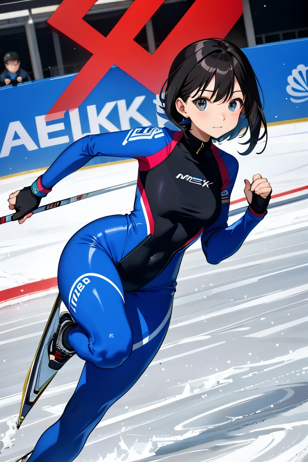 speed skating、short、body suit、Lower your hips and ski with all your might、game、backwards、adorable face、cute、Meek look