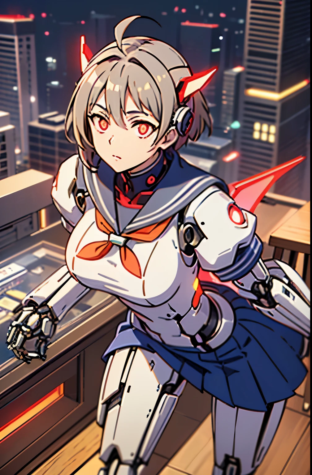 1girl solo,Standing depiction、(Large symmetrical mechanical wing:1.6)、((kasugano sakura:1.3))、(symmetrical mechanical headgear:1.6)、Beauty Cyborg, Cyborg - beautiful woman with brown short bob hair perfect anime cyborg woman, cute cyborg beauty, beautiful cyborg beauty, cyborg girl, (Perfect android beauty), (The perfect cyborg woman), (Cyborg - Girl), (beautiful female cyborg)、 beautiful white girl cyborg, beautiful female android, Beautiful and attractive female cyborg、walk、full body description、(Mechanical sailor suit:1.5)、(mechanical ruffle skirt:1.5)、((Combat readiness))、(glowing red mechanical eyes:1.9), brown hair, short hair, bangs, Ahoge,(head band), ((Gray uniform:1.4)), puffy sleeves, crop top, yellow neckerchief, ((gray skirt:1.4)), fingerless gloves, thighs thighs, white socks, red footwear,Expressionless、(table top, highest qualityの, highest quality, beautiful and aesthetic: 1.2), very detailed, more detailed,Proper body proportions,table top,Ultra high quality output image,High resolution,intricate details,very delicate and beautiful hair,realistic pictures,dream-like,professional lighting,realistic shadow,focus only,anime one、discovery stance, punching, discovery,raise one leg、Anime one