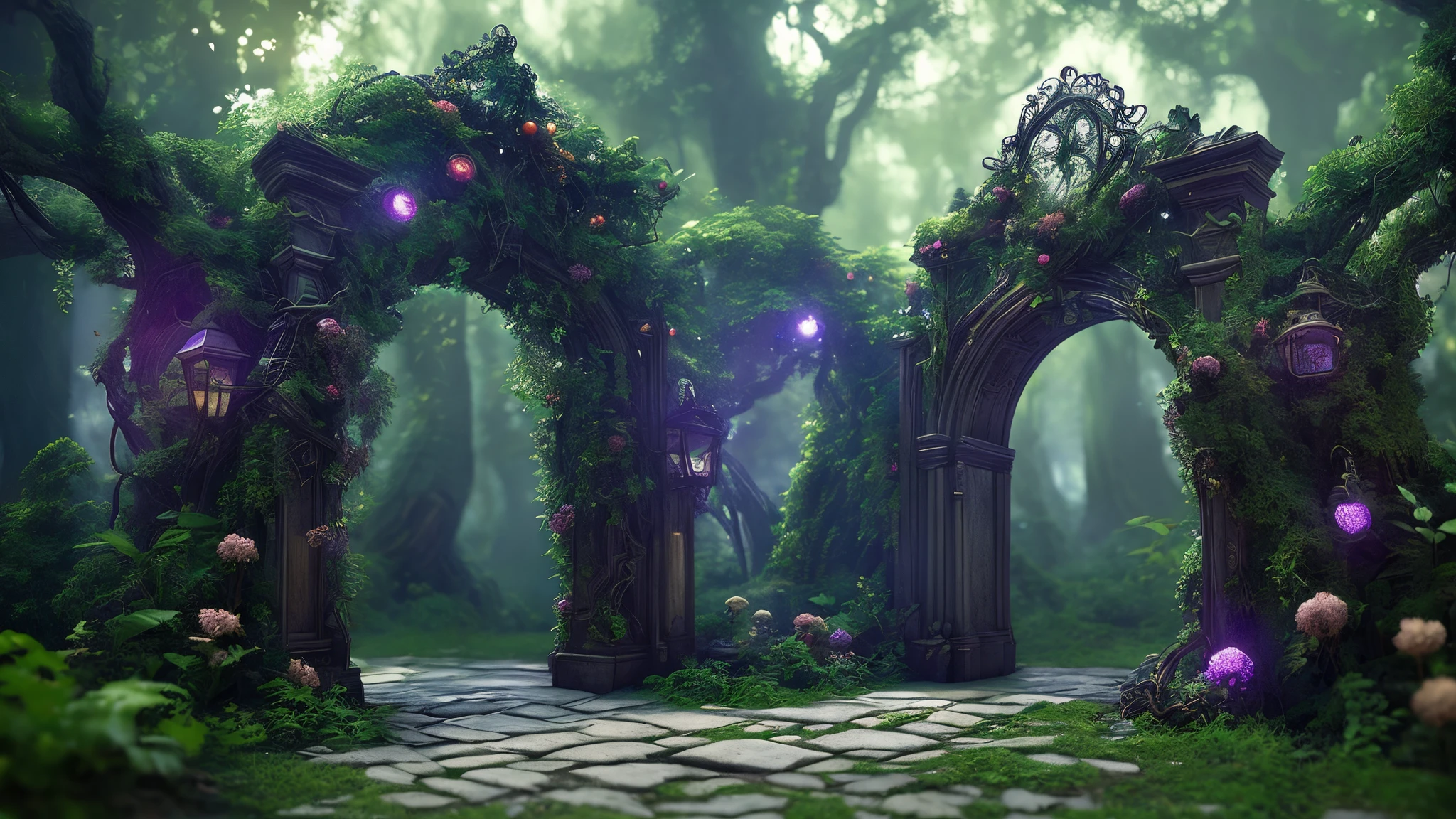 (Digital Artwork:1.3) of (Sketched:1.1) octane render of a mysterious dense forest with a large (magical:1.2) gate (portal:1.3) to the eternal kingdom, blade runner, intricate (vine:1.2), massive tree in liquid metal, realistic digital painting portrait, shot at 8k resolution, petrol liquid, pastel color, splash art, blue and purple magic universe, light engrave in intricate details, (light particle:1.2), (game concept:1.3), (depth of field:1.3), global illumination,Highly Detailed,Trending on ArtStation