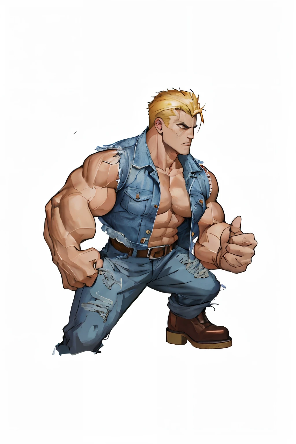 Back head,Drawing of a man wearing blue denim vest and jeans, Duke Nukem art style, muscular character, metal slug concept art, character art《Contra》, Muscular man without shirt,Brown leather shoes,gradient highlight,street fighting,Abs video game character concept, Muscle hero, muscular characters, 90s comic book character design, beef patty pose, macho monster tough guy, drawn in the style of mark arian