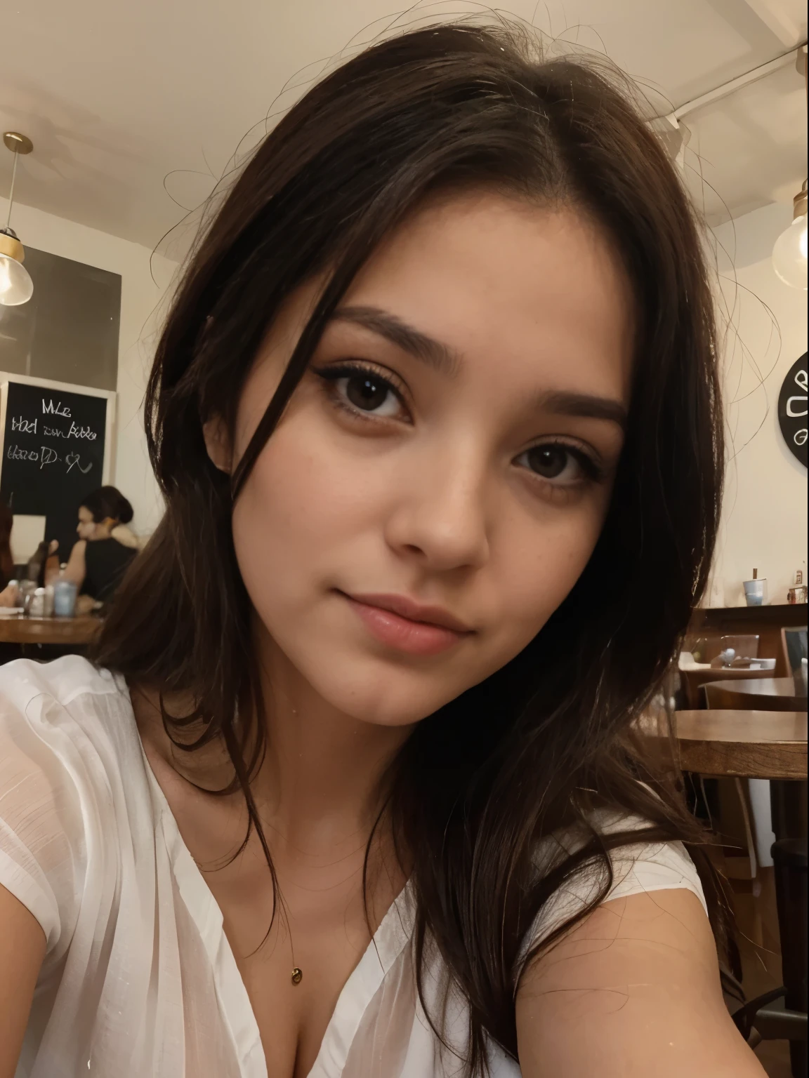 Foto de uma mulher morena de 20 anos, que tem um rosto muito natural, labios finos, olhos finos, sobrancelhas finas, nariz fino, brincos, long eyelashes. She takes a cute selfie in a cafe