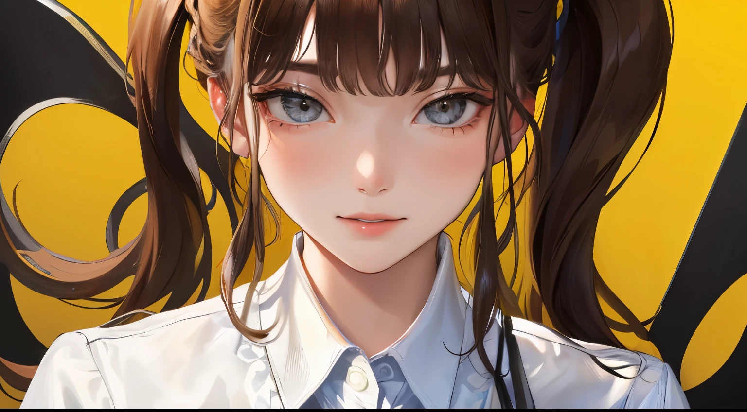 (((1 woman)))、(highest resolution、clear_image)、 ((darts))、best quality、((Perm hair)),(((cool)))、contrast of light and shadow、、Yellow single color background、((illumination))、very detailed、Semi-realistic、brown hair、Braided hairstyle、shy smile、bangs、20-year-old、office Lady,,young、((white shirt))、((View from the front))、delicate facial features facial features、
