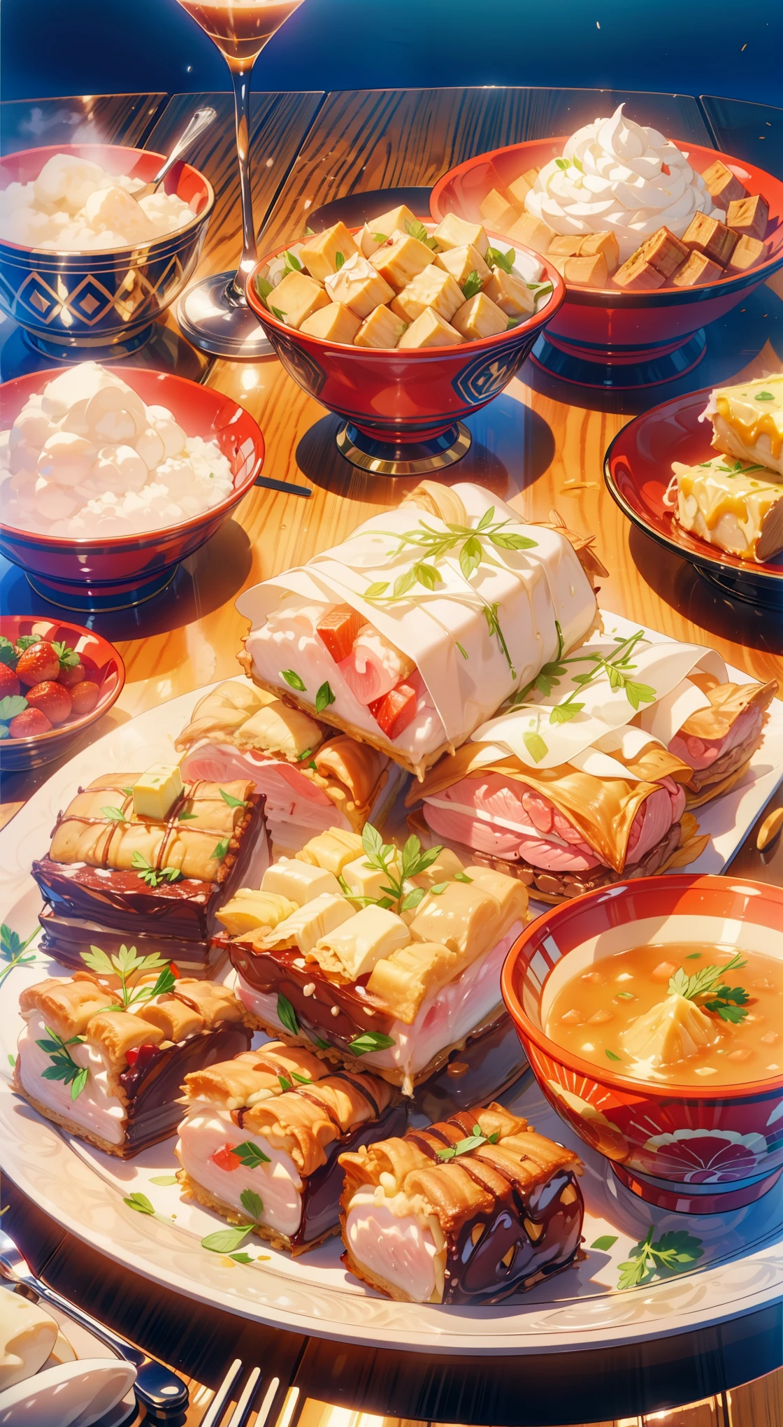 Illustrate a lavish spread of delicious Eid delicacies, including succulent lamb or goat dishes, aromatic rice, and an array of delectable sweets like baklava and ma'amoul.