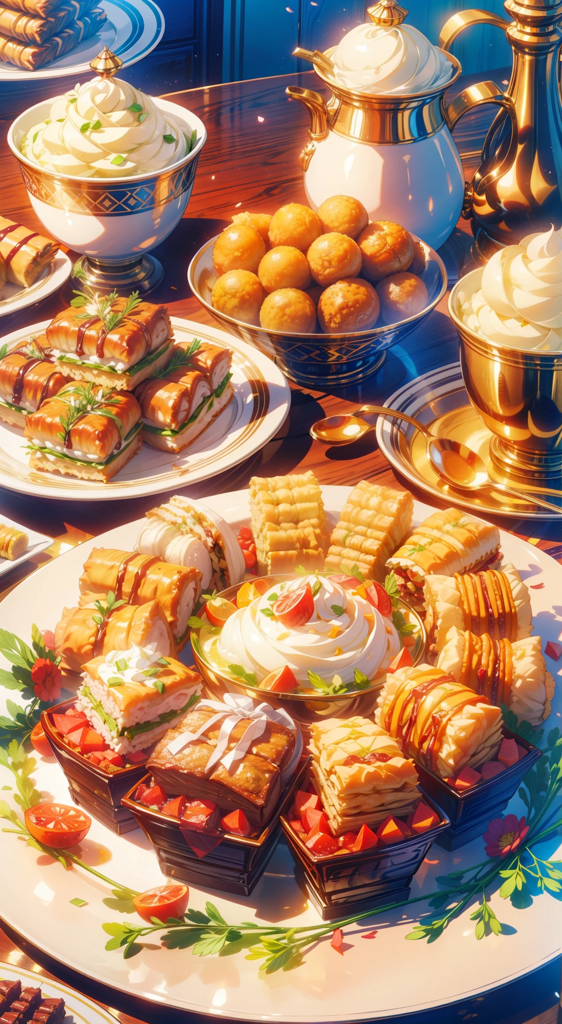 Illustrate a lavish spread of delicious Eid delicacies, including succulent lamb or goat dishes, aromatic rice, and an array of delectable sweets like baklava and ma'amoul.
