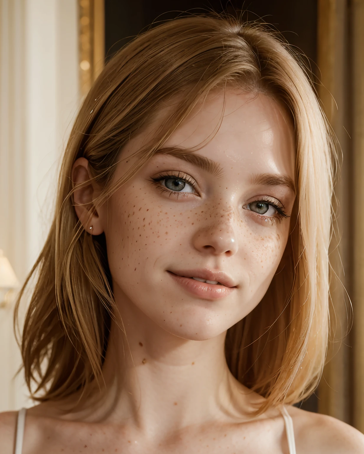 mulher, americana, 25 anos, pale skin and freckles, olhos cinzas, nariz delicado, soft and delicate lips, Cabelo blondie cinza longo e ondulados, sorriso meigo, scenery of the Ritz hotel in New York, a noite