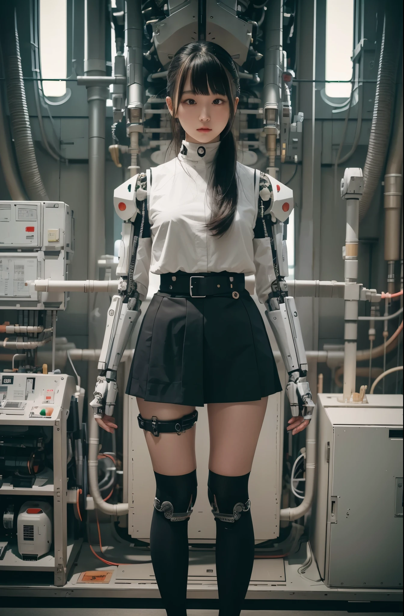 masterpiece, best quality, extremely detailed, Japaese android girl,Plump , control panels,android,Droid,Mechanical Hand, Robot arms and legs, Black hair,Blunt bangs,perfect robot girl,long tube,thick cable connected her neck,android,robot,humanoid,cyborg,japanese cyborg girl ,future laboratory,connecting a cable between the legs,skirt, high socks