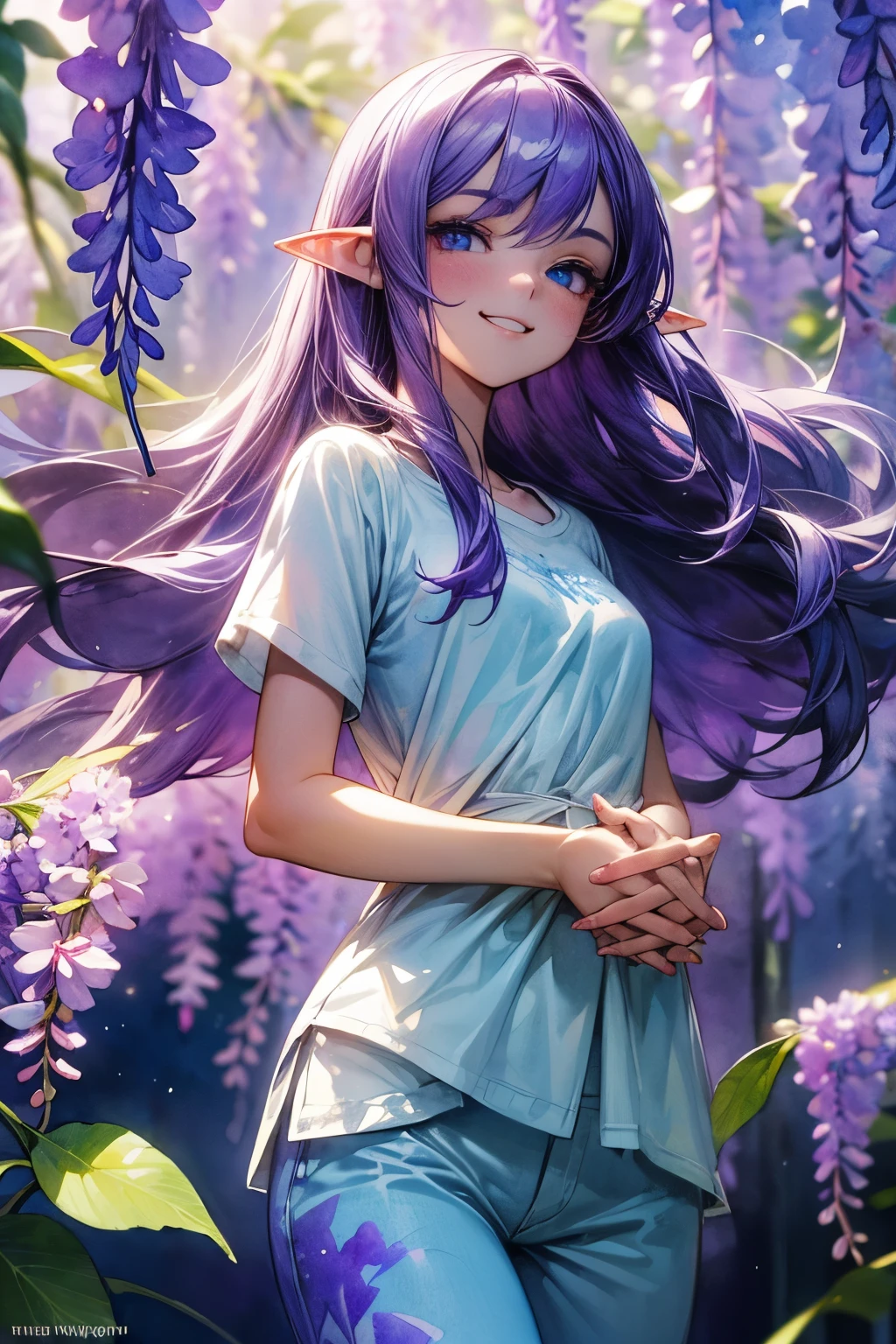 ((Masterpiece)), ((best quality)), (super detailed), (Professional Photography), (Photorealsitic:1.3), (star effect), twinkle effect, cute age , (()), azure eyes, (pale skin), (Plain white T-shirt, Cute Pants), (walking), (interlocked fingers), messy medium-long hair, pale thighs, (elf ear), (phantom), healthy whole body, ((Smug and grinning face)), pale purple hair, 1girl, solo, ((beautiful eyes)), beautiful detailed eyes, detailed face, perfect anatomy, (in purple wisteria flowers),(Watercolor Background:1.3),