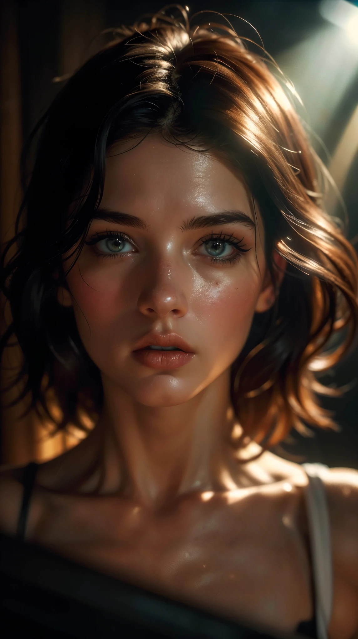 (((ultra realistic))) Photo, masterpiece, top quality, (pale skin), (Ultra detailed face and eyes:1.3), 1 girl in a T-shirt, (Rectangular face) , (Eye makeup, mascara) , ((large detailed lips)), ((Dark hair)), ((Chyolka)) , (Natural breasts). ((Posing)), photoshoot, studio (Contour lighting), (The play of light and shadows), depth of field, bokeh, (special attention to skin detail: 1.2), Detailed leather texture, skin pores. (Dark and gloomy atmosphere of the frame. Color scheme - warm tones), ((Film grain, VHS effect)), ((rays)) , ((flare)), ((waist up portrait)) , ultra detialed,