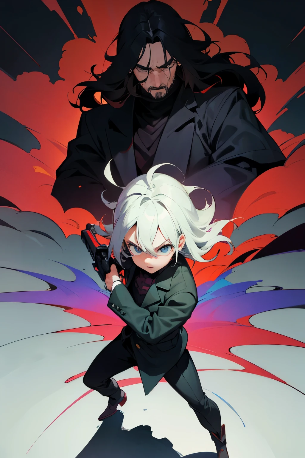 John Wick transformed into an animated film, portrayed in the vibrant style of Akira Toriyama. The scene radiates with rich colors and intriguing perspectives, reminiscent of the 80's tone.
John Wick, with his iconic suit and sharpshooting skills, stands proudly in the midst of a bustling cityscape. A grim expression etched on his face as he takes aim, his eyes filled with determination and focus.
Akira Toriyama's unique character designs add a new dimension to the assassin. His hair, a wild mane of gray, is standing on end, creating a striking contrast against the dark background. The colors