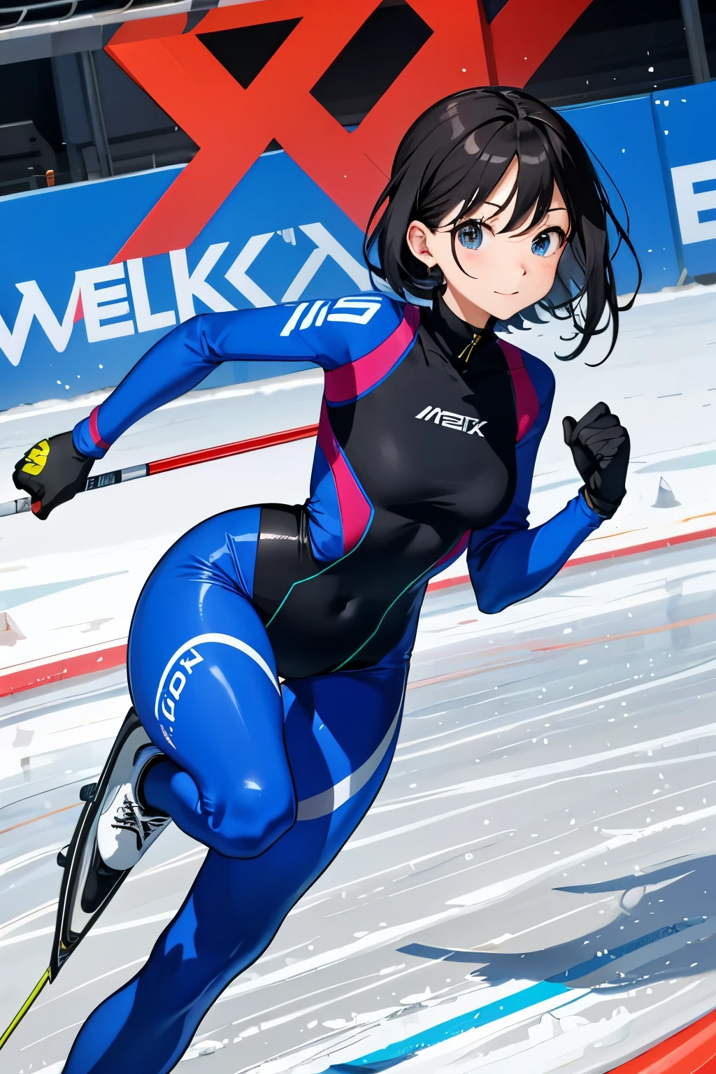 speed skating、short、body suit、Lower your hips and ski with all your might、game、backwards、adorable face、cute、Meek look
