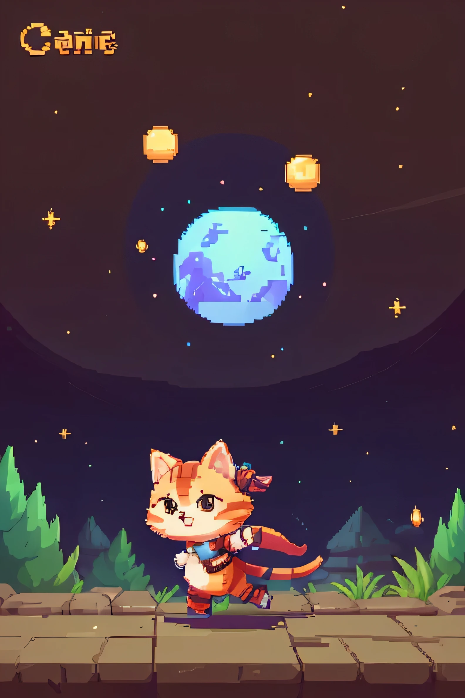 Cat、cute、Game-like、fantasy、character、Wind from another world、2he walks on his own feet、have a weapon.、Pixel art