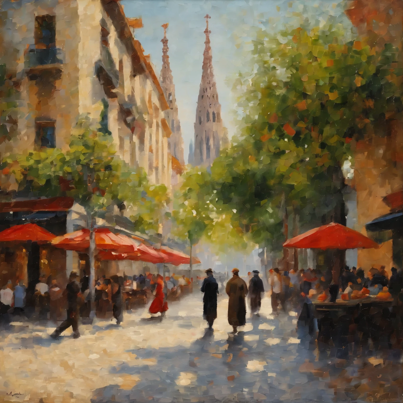 a painting of people walking in city street, sunny day, barcelona city, typical mediterraian feel, with sagrada familia church in the background, in the style of an oil painting, 1600s, exquisite detail, baroque painting, voluminous lighting, painterly brushstrokes, edgar degas, john singer sargent, john william waterhouse, masterpiece