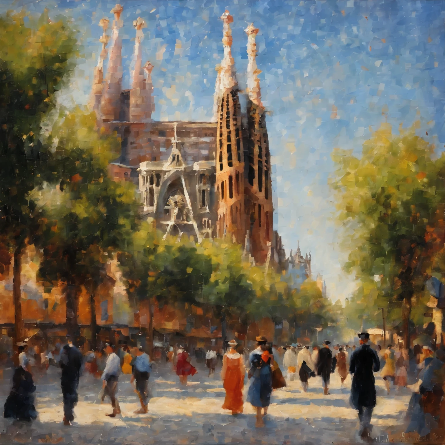 a painting of people walking in city street, sunny day, barcelona city, typical mediterraian feel, with sagrada familia church in the background, in the style of an oil painting, 1600s, exquisite detail, baroque painting, voluminous lighting, painterly brushstrokes, edgar degas, john singer sargent, john william waterhouse, masterpiece
