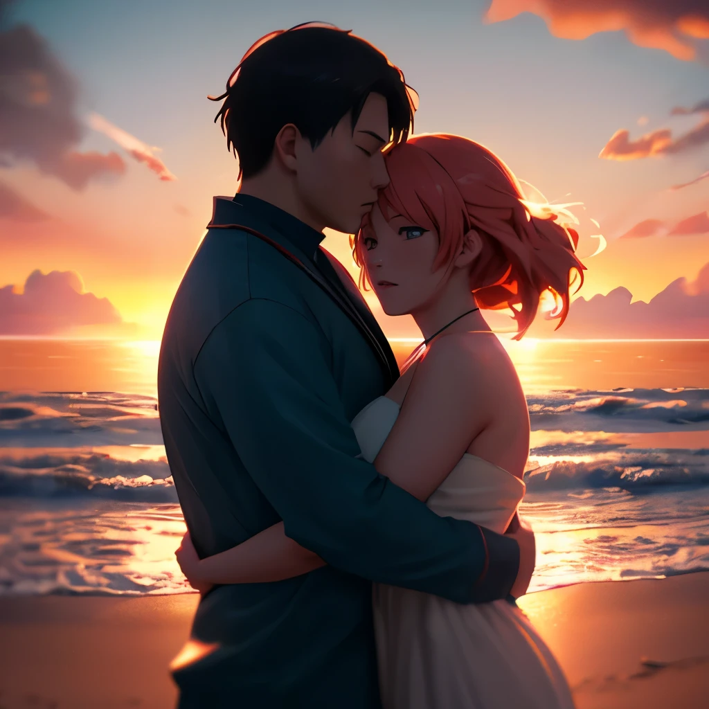 depth of field, cinematic lighting, motion blur, chromatic aberration, ray tracing, anime, 8k, super detail, best quality, 1080P, HD, 4K, 16k. man and woman in a warm embrace, at sunset on a beach, portrait, beautiful people
