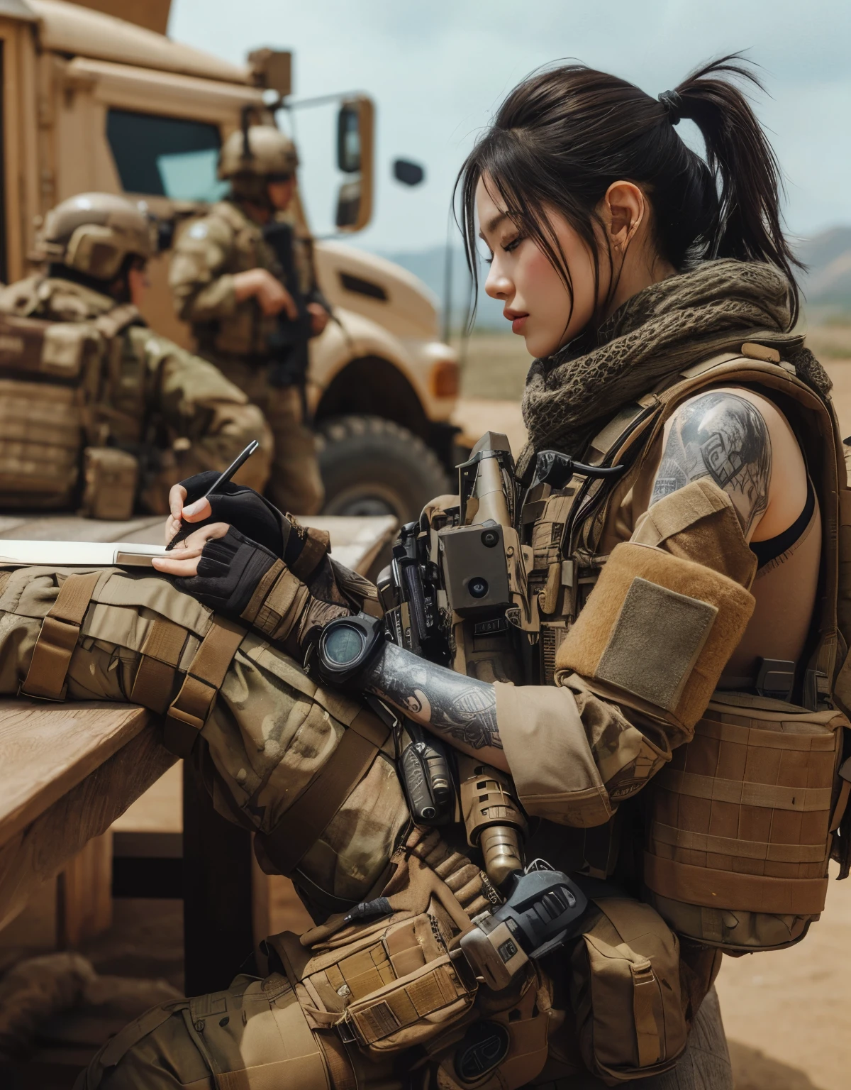 photorealistic、Realistic skin textures、アメリカ軍所属の美しいjapanese womanが荒れ地に設営されたベースキャンプで出動の準備をしている、Checking equipment、tent、military vehicle、bulletproof vest、afghan scarf、baseball cap、Heavy equipment、tattoo、boots、、Action poses with movement、japanese woman