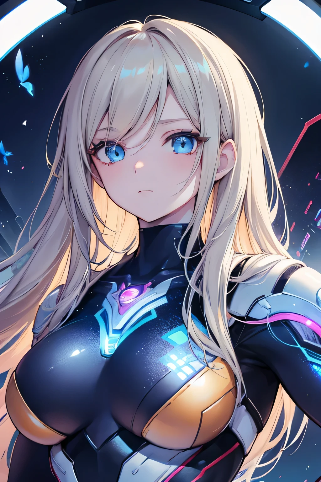 Beautiful woman, Beautiful portrait of Samus Aran, Samus Allan Fanart, cyborg, Carbon fiber, Ultra Girl, big breasts, ,cleavage cutout,troubled expression,23 years old, butterfly girl, device, Decorative, very detailed, beautiful blonde hair, long hair,(eye shadow:1.1), (beautifully detailed glow:1.2), (cinematic lighting), intricate details, High resolution, round eyes, detailed facial features, sharp focus, Smooth, beautiful