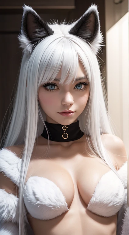 anthropomorph, catgirl, furry, yiffy, white fur, white hair, looking at camera,