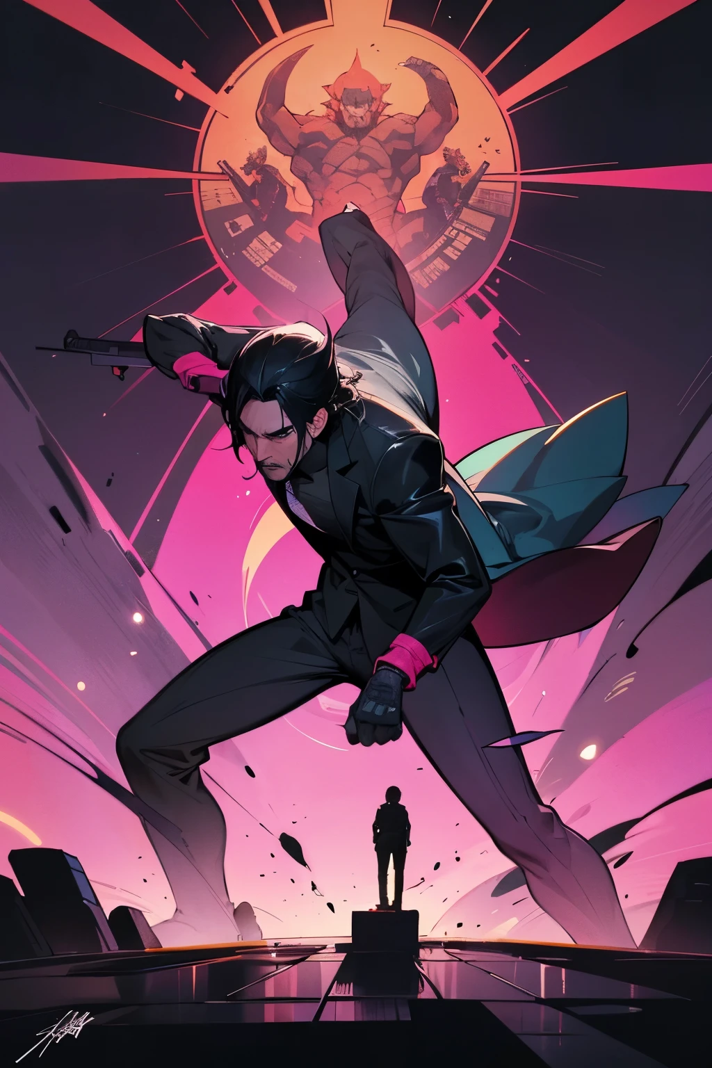 John Wick transforms into an animated film, brilliantly crafted in the vibrant style of Akira Toriyama. The perspectives are dynamic and full of life, transporting viewers into the 80's tone of this action-packed adventure.
John Wick, with his sharp features and tenacious spirit, stands proud against a backdrop of vivid colors and intricate details. His iconic suits are adorned with intricate patterns, creating a striking contrast against the animated background. The cityscape comes alive with neon lights and bustling activity, setting the stage for an epic showdown.
John's signature weapons are no exception, animated to exude an air of menacing power.