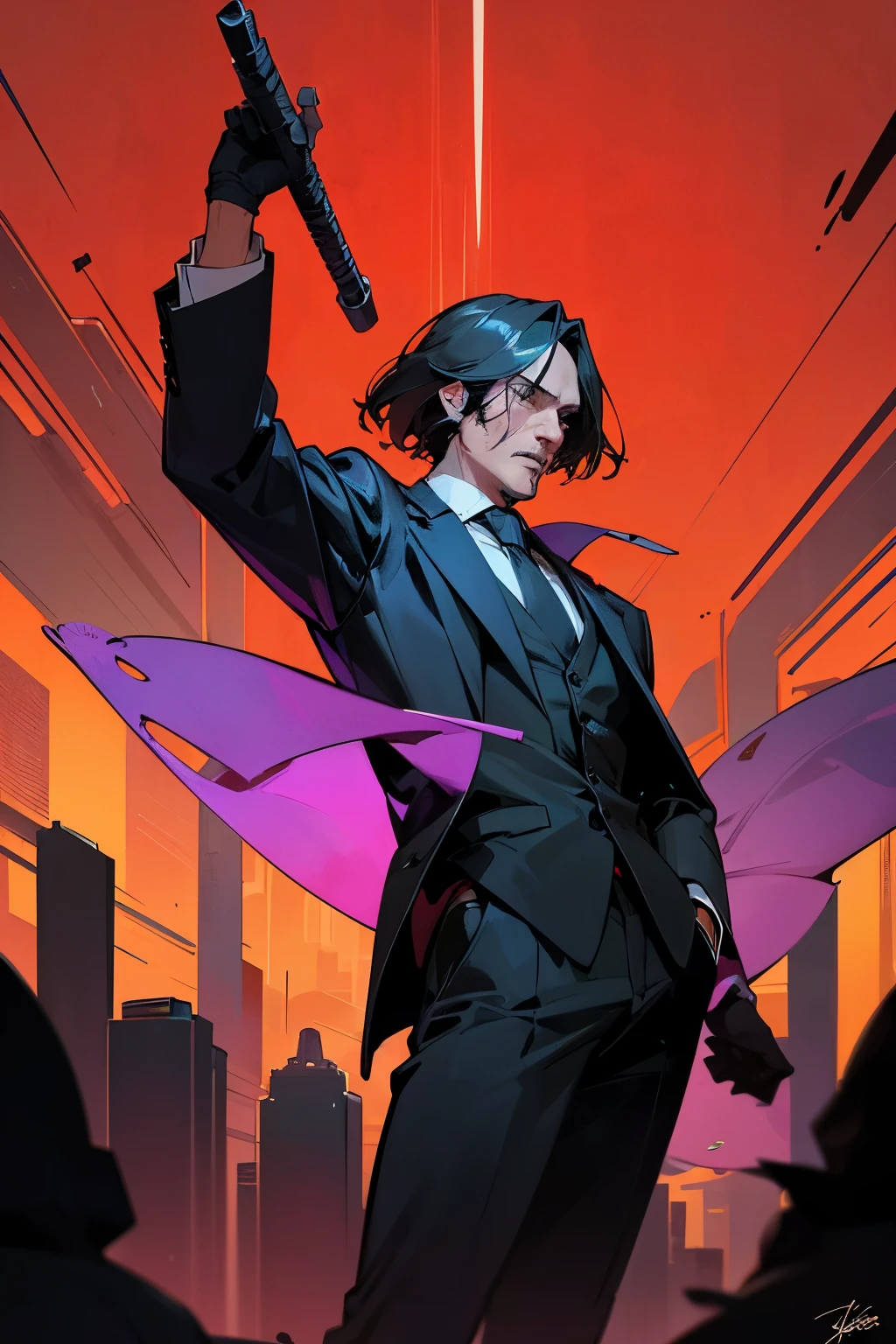 John Wick transforms into an animated film, brilliantly crafted in the vibrant style of Akira Toriyama. The perspectives are dynamic and full of life, transporting viewers into the 80's tone of this action-packed adventure.
John Wick, with his sharp features and tenacious spirit, stands proud against a backdrop of vivid colors and intricate details. His iconic suits are adorned with intricate patterns, creating a striking contrast against the animated background. The cityscape comes alive with neon lights and bustling activity, setting the stage for an epic showdown.
John's signature weapons are no exception, animated to exude an air of menacing power.