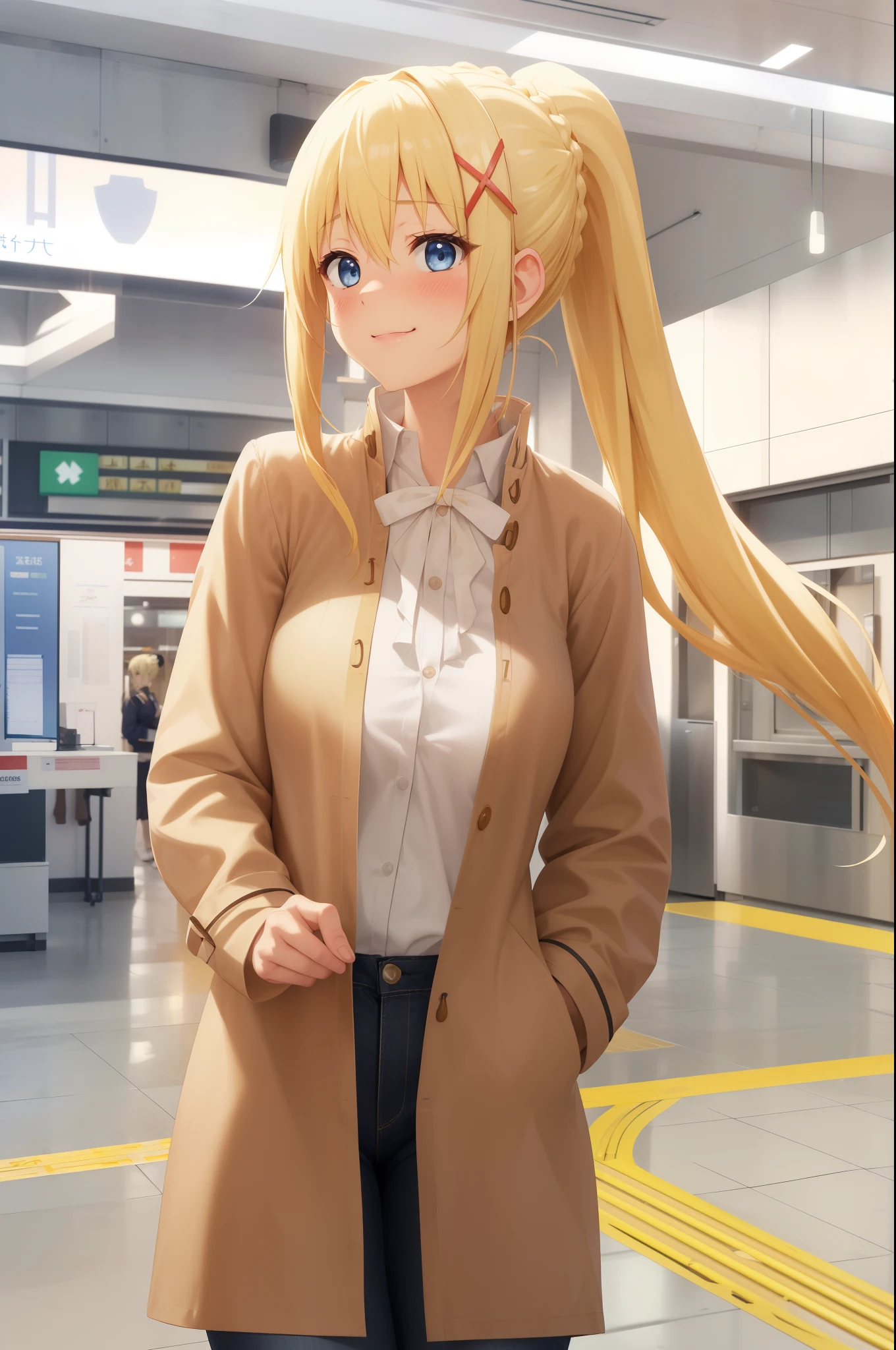 highest quality, High resolution, alone, 1 girl, long hair, blonde hair, x hair ornaments, blue eyes, ponytail, hair ornaments, Braid, \(KonoSuba\), big breasts, very close face, smile, blush, (white shirt:1.3), (Brown outerwear:1.3), Black jeans, hairpin, Station background