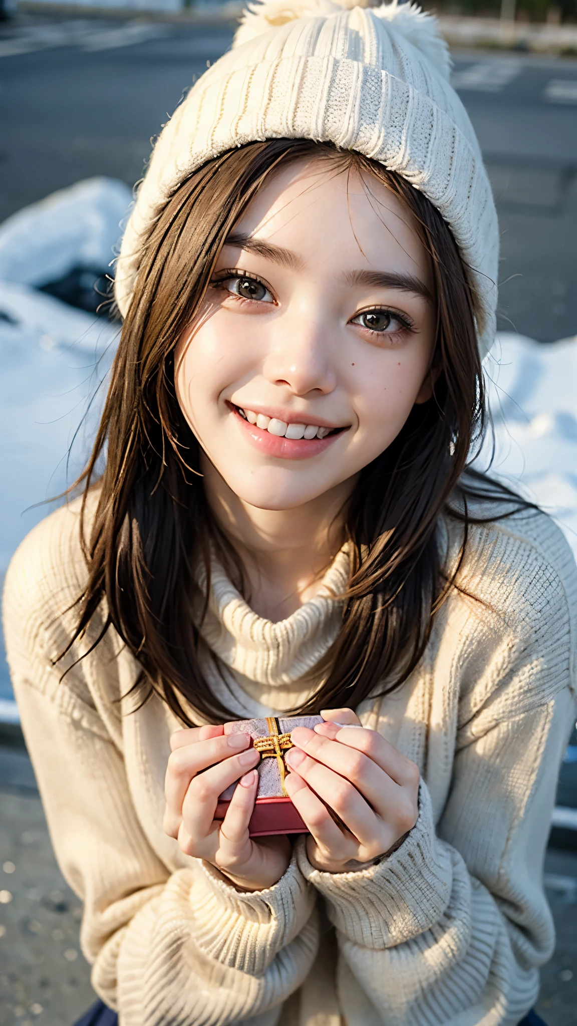 highest quality, masterpiece, ultra high resolution, (realistic:1.4), (portrait facing each other) RAW photo, 1 girl, 18-year-old,((winter school uniform)),((Knit hat and muffler)),((Hold out a paper bag containing a gift to the viewer with both hands.)),((looking up at the viewer)),(blush),masterpiece, realistic pictures, saturation, contrast, ((small breasts)),((smile showing teeth)),short hair,