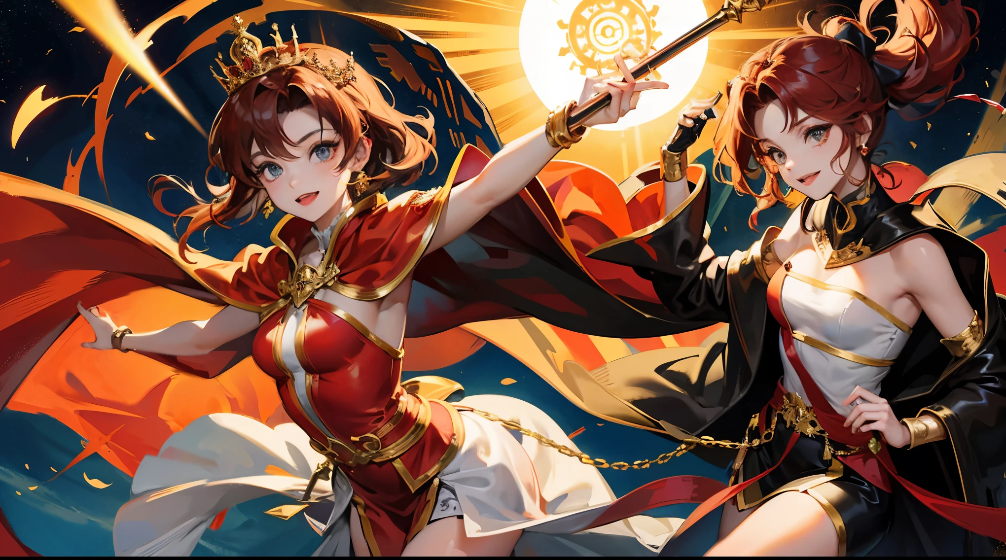 The Princess of the Sun has short black and red hair, has a sun tattoo, wears a red dress, wears a cloak, wears a crown, holds a staff and looks back at the giant sun behind her back.